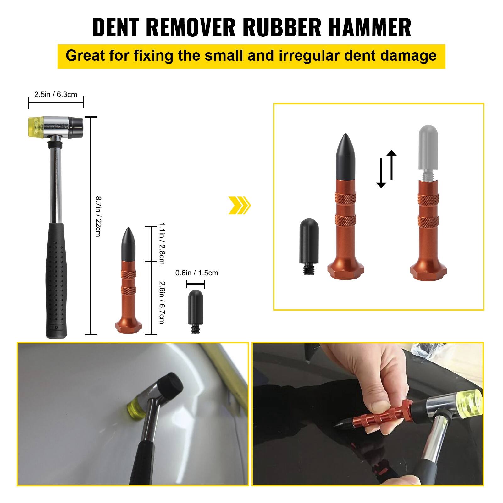 DENT REMOVER RUBBER HAMMER  
Great for fixing the small and irregular dent damage  

- 2.5in / 6.3cm  
- 8.7in / 22cm  
- 1.1in / 2.8cm  
- 2.6in / 6.7cm  
- 0.6in / 1.5cm