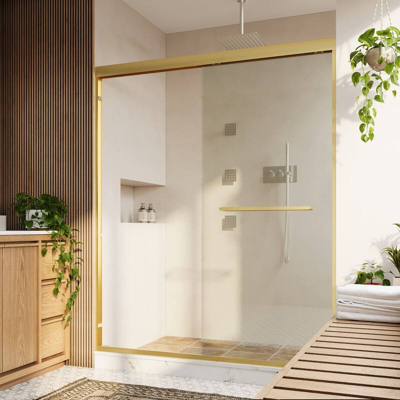Front. WELLFOR - 56-60 in W x 72 in H Framed Shower Door with Double Sliding & Stainless Steel Towel Bar Handle, 1/4" Tempered Glass - Brushed Gold.