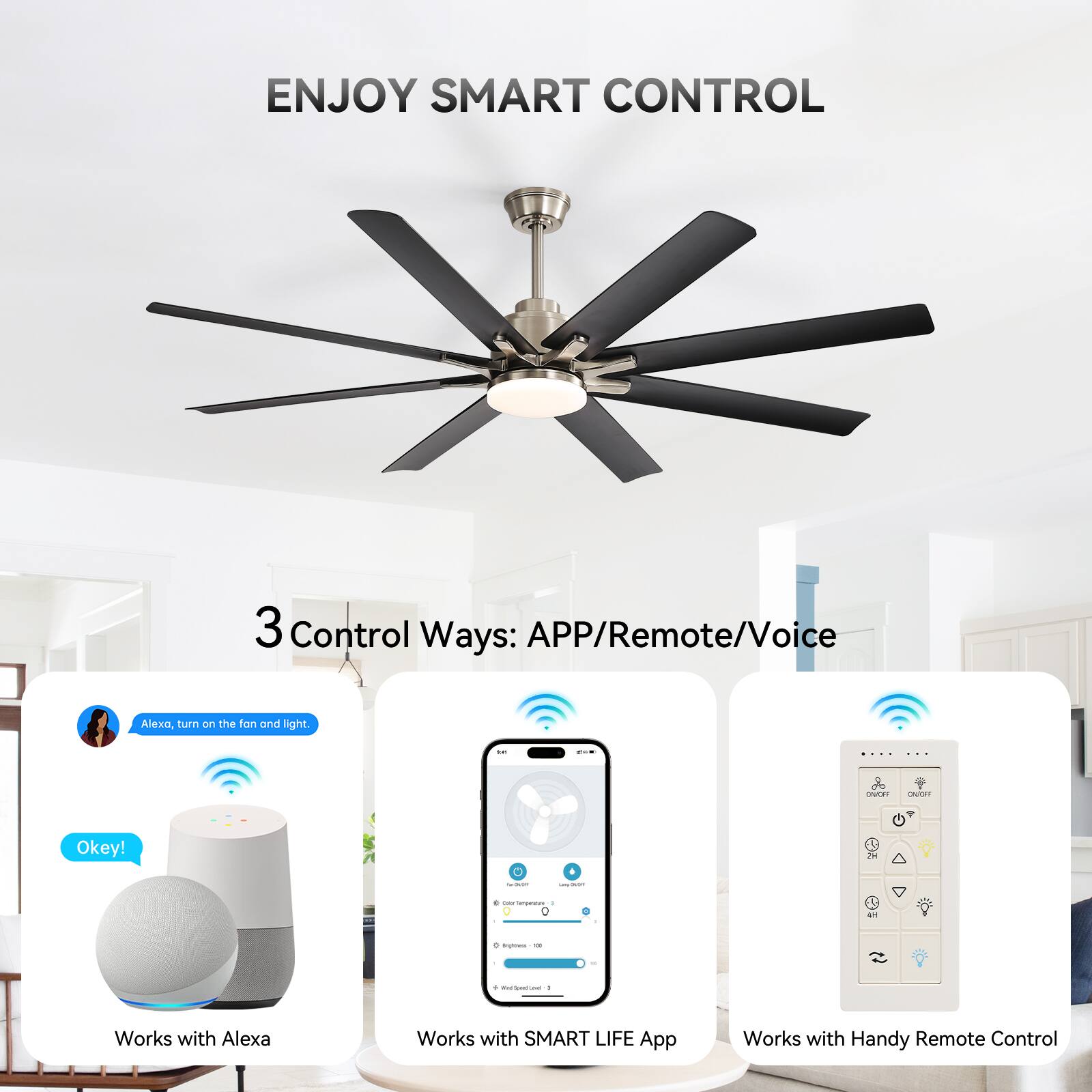 ENJOY SMART CONTROL

3 Control Ways: APP/Remote/Voice

- Works with Alexa
- Works with SMART LIFE App
- Works with Handy Remote Control