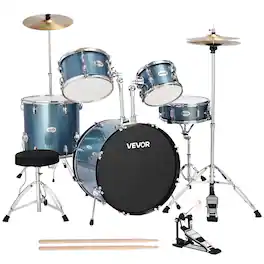 VEVOR - Drum Set, 5-Piece 22 in Junior Drum Sets, Beginner Drums Set with Adjustable Throne, Cymbal, and Drumsticks - Gravel Blue