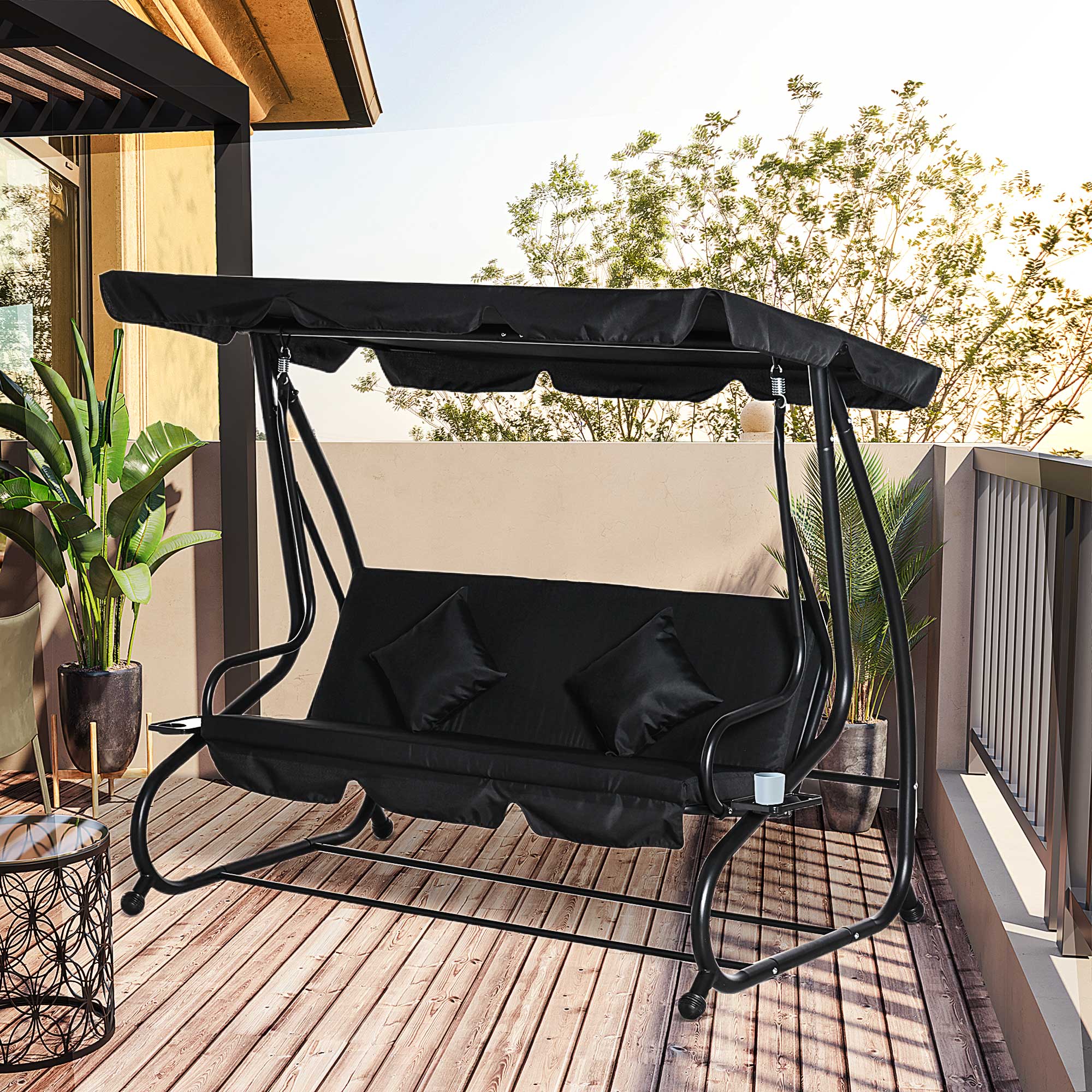 Alt View 1. Outsunny - 3-Seat Outdoor Patio Swing Chair, Converting Flatbed, Outdoor Swing Glider with Adjustable Canopy - Black.