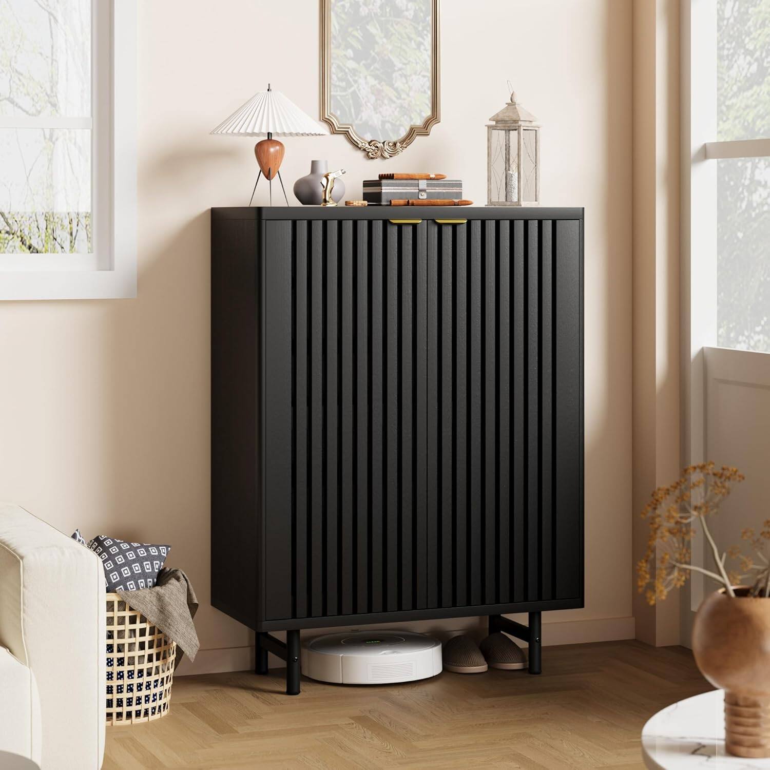 Front. GARVEE - Shoe Cabinet, 6-Tier Shoe Storage Organizer with Doors,Modern Farmhouse Entryway Hallway Furniture,Black - Black.