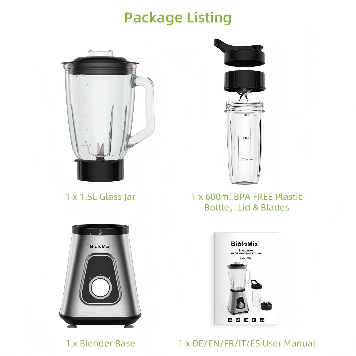 Package Listing

- 1 x 1.5L Glass Jar
- 1 x 600ml BPA FREE Plastic Bottle, Lid & Blades
- 1 x Blender Base
- 1 x DE/EN/FR/IT/ES User Manual