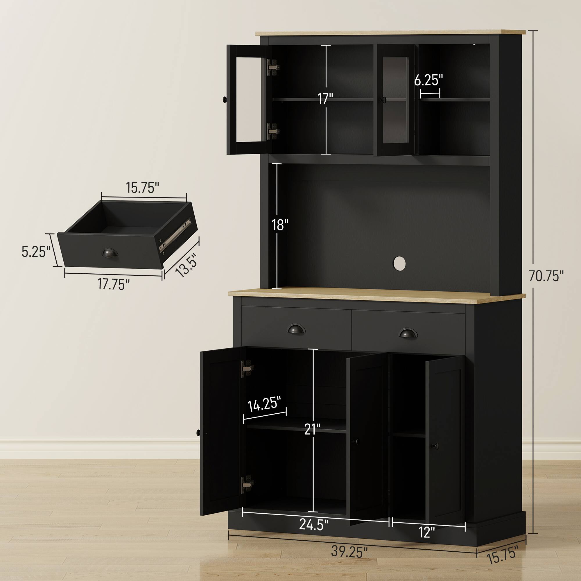 17" x 6.25"  
15.75" x 5.25"  
17.75" x 13.5"  
18"  
70.75"  
14.25"  
21" x 24.5"  
39.25" x 12" x 15.75"