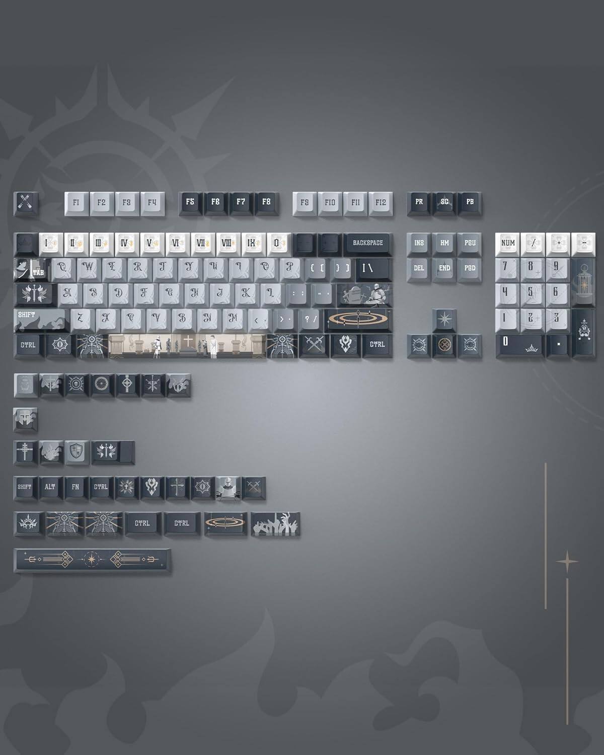 FI F2 F3 F4 F5 F6 F7 F8 F9 F10 F11 F12 PR SC PB I II III IV V VI VII VIII IX D BACKSPACE INS EM PGU NUM / TAS W E R T Y U I O P [ ] \ a S D F G H J K L : ; ' " Z X C V B N M , . / SHIFT DEL END PBD 1 2 3 4 5 6 7 8 9 0 - = CTRL CTRL 0 SXFT ALT FN CTRL CTRL