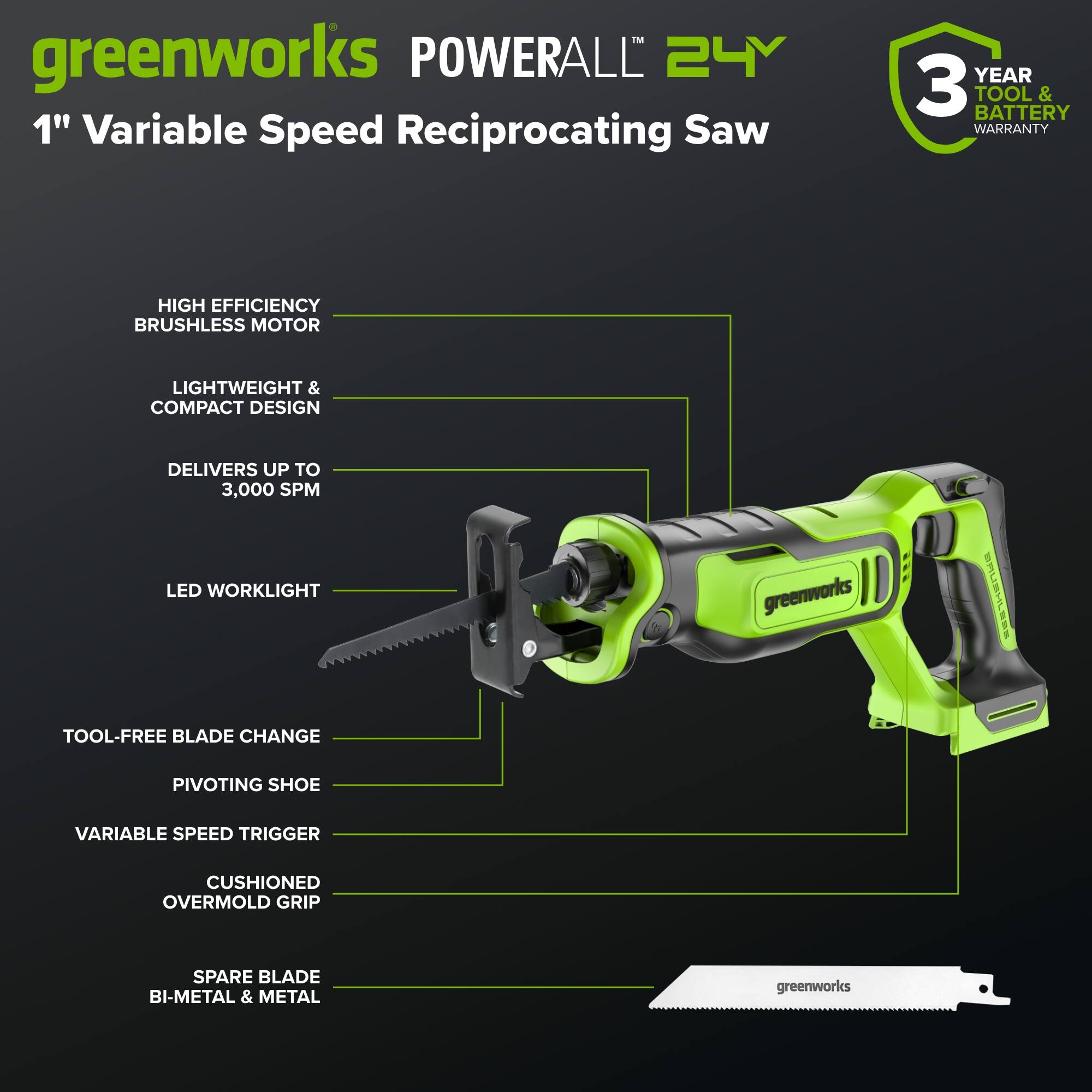 greenworks POWERALL 24V 1" Variable Speed Reciprocating Saw  
- 3 YEAR TOOL & BATTERY WARRANTY  
- HIGH EFFICIENCY BRUSHLESS MOTOR  
- LIGHTWEIGHT & COMPACT DESIGN  
- DELIVERS UP TO 3,000 SPM  
- LED WORKLIGHT  
- TOOL-FREE BLADE CHANGE  
- PIVOTING SHOE  
- VARIABLE SPEED TRIGGER  
- CUSHIONED OVERMOLD GRIP  
- SPARE BLADE BI-METAL & METAL