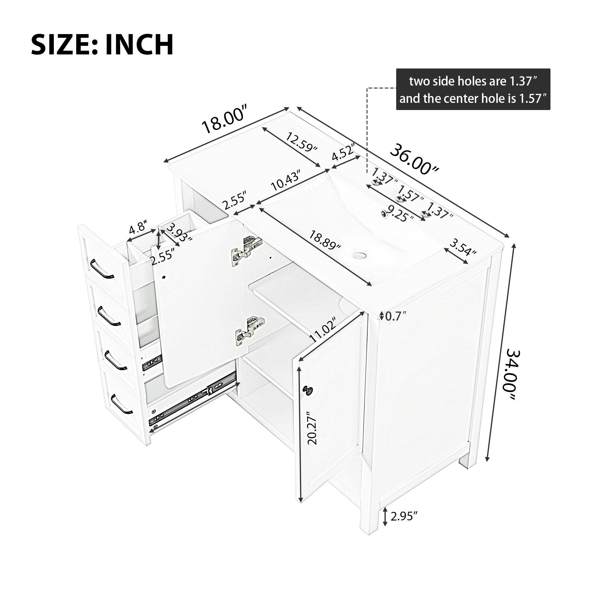 SIZE: INCH

- two side holes are 1.37" and the center hole is 1.57"
- 18.00"
- 12.59"
- 4.52"
- 10.43"
- 1.37"
- 36.00"
- 2.55"
- 1.37"
- 1.57"
- 1"
- 1.57"
- 9.25"
- .37"
- 4.8"
- 3"
- 3.93"
- 18.89"
- 2.55"
- 3.54"
- 0.7"
- 34.00"
- 12.95"