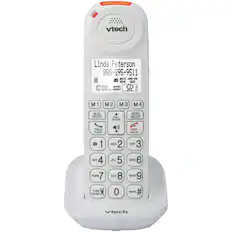 CHARGE
vtech
Linda Peterson
800-595-9511
MUTE ANS ON NEW
AUDIO A PM ASSIST
5/2: : M 1 M2 M3 M4
MUTE DELETE CALL BLOCK MENU SELECT TALK FLASH OFF CANCEL
1 GHI 4 PORS 7 TONE PAUSE ABC 2 JKL 5 TUV 8 0 DEF 3 MNO 6 WXYZ 9 REDIAL #
vtech