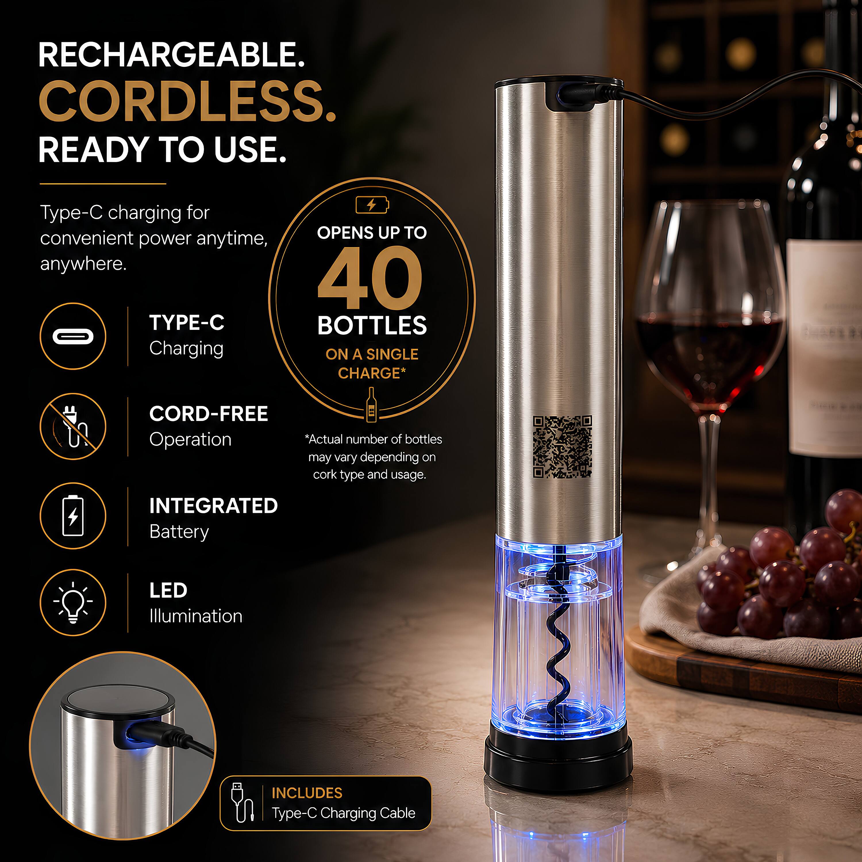 RECHARGEABLE. CORDLESS. READY TO USE.

Type-C charging for convenient power anytime, anywhere.

- TYPE-C Charging
- CORD-FREE Operation
- INTEGRATED Battery
- LED Illumination

INCLUDES Type-C Charging Cable

OPENS UP TO 40 BOTTLES ON A SINGLE CHARGE*

*Actual number of bottles may vary depending on cork type and usage.