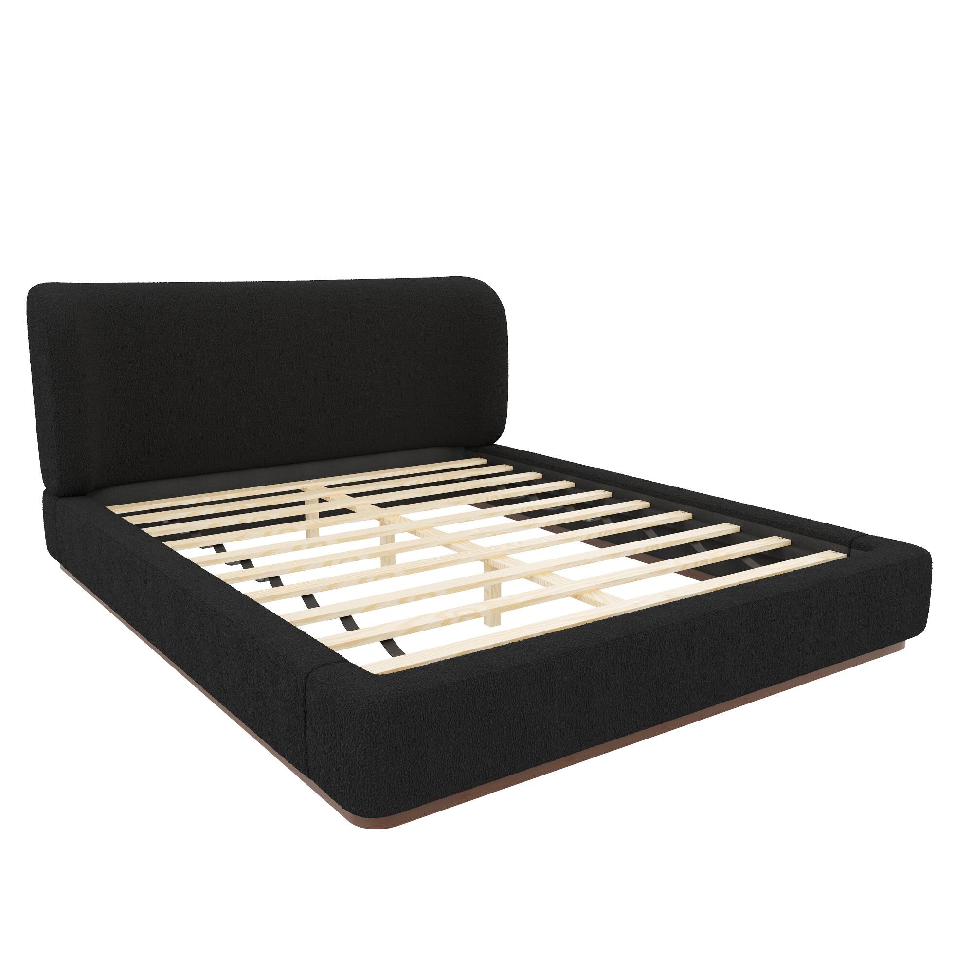 Left. Whisen - Queen Size Low-Profile Upholstered Platform Bed, Boucle Fabric Modern Furniture for Bedroom - Black.