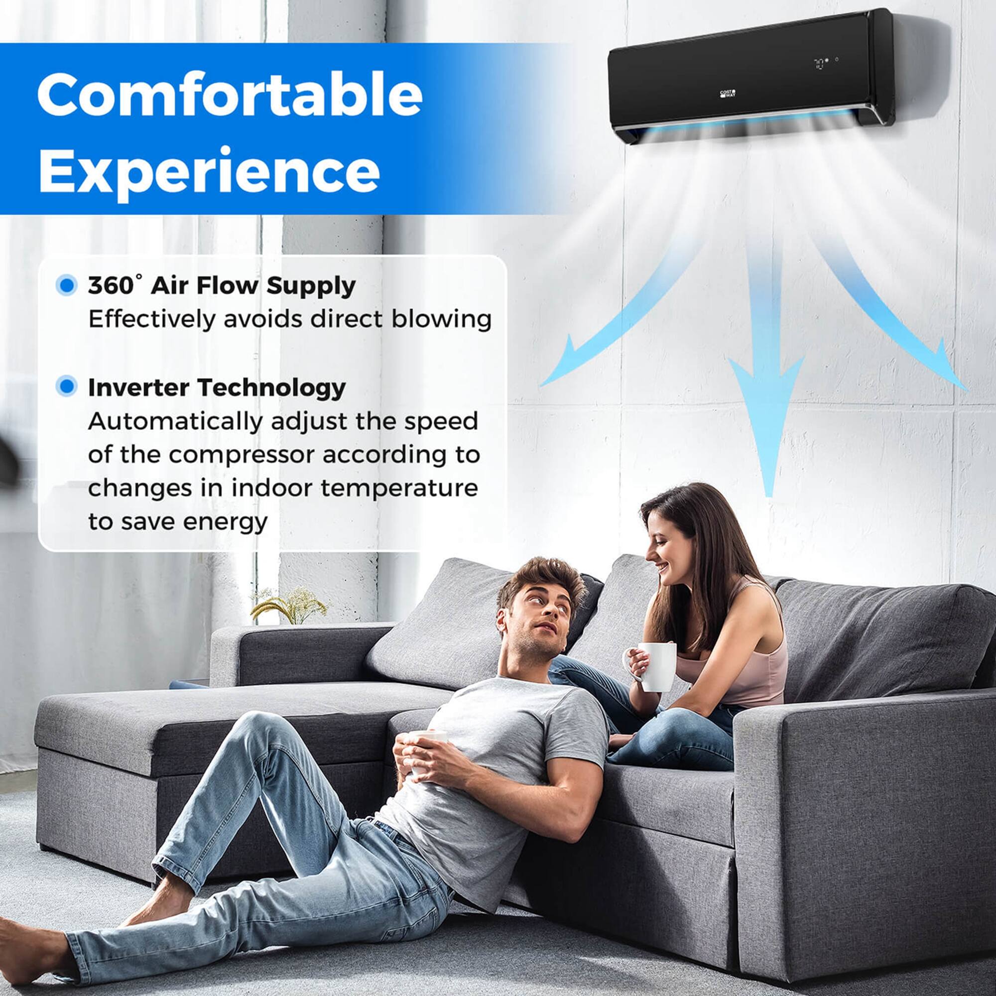 The text on the image reads: "Comfortable Experience 360 Air Flow Supply Effectively avoids direct blowing Inverter Technology Automatically adjusts the speed of the compressor according to changes in indoor temperature to save energy."