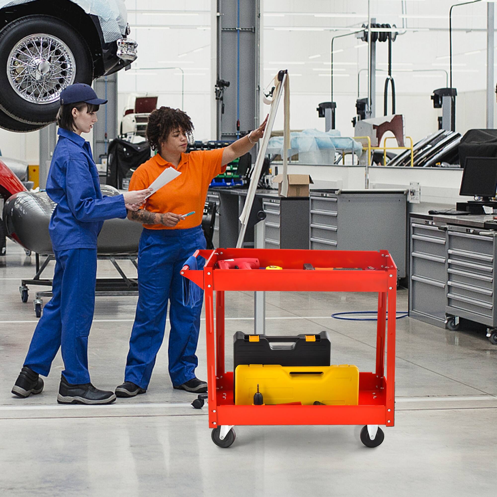 Alt View 1. Costway - Costway 2-Tier Utility Cart Metal Service Cart Rolling Tool Storage Organizer with Handle - Red.