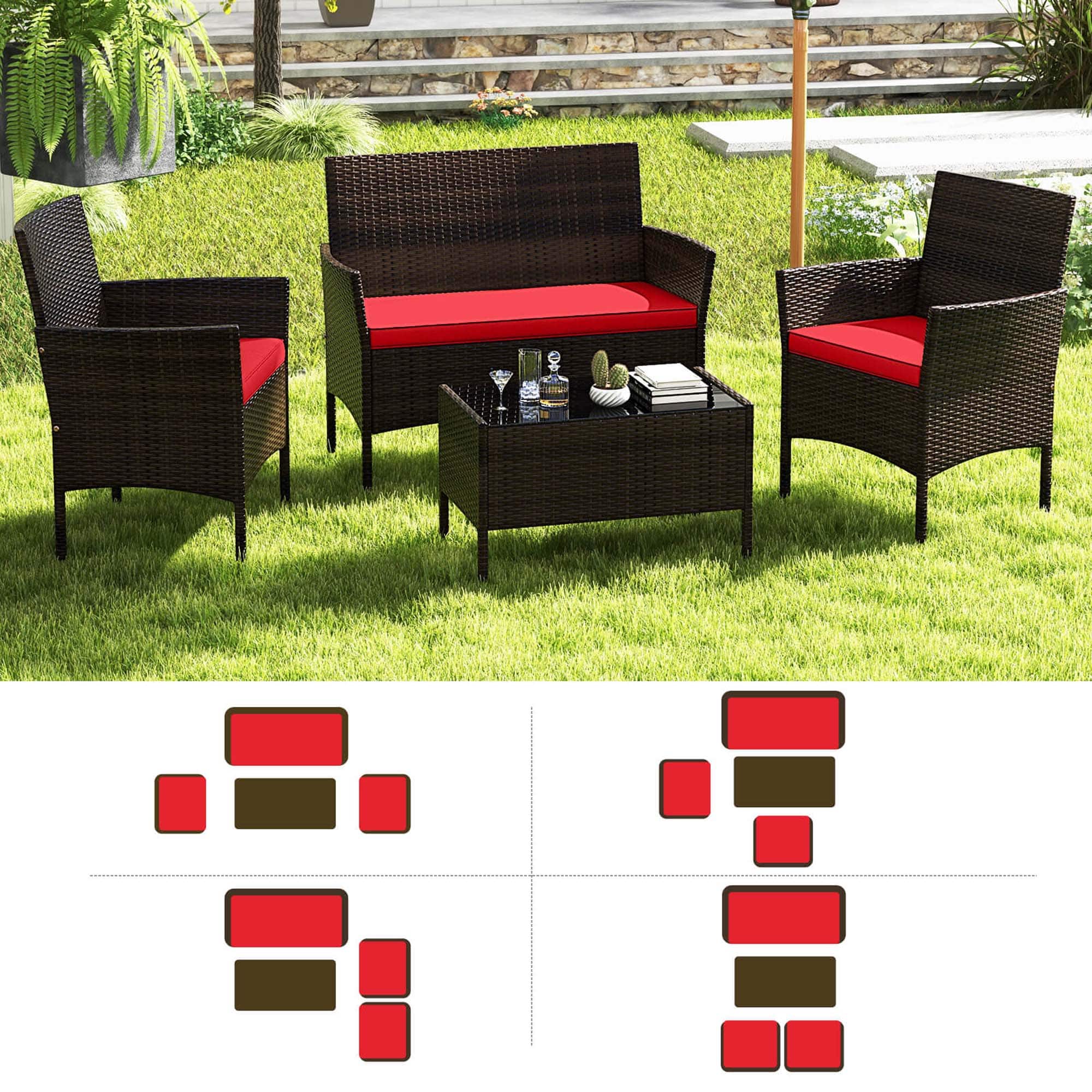 Alt View 8. Costway - 4 PCS Patio Furniture Set with Washable Cushions and Tempered Glass Coffee Table - Mix Brown,Red.