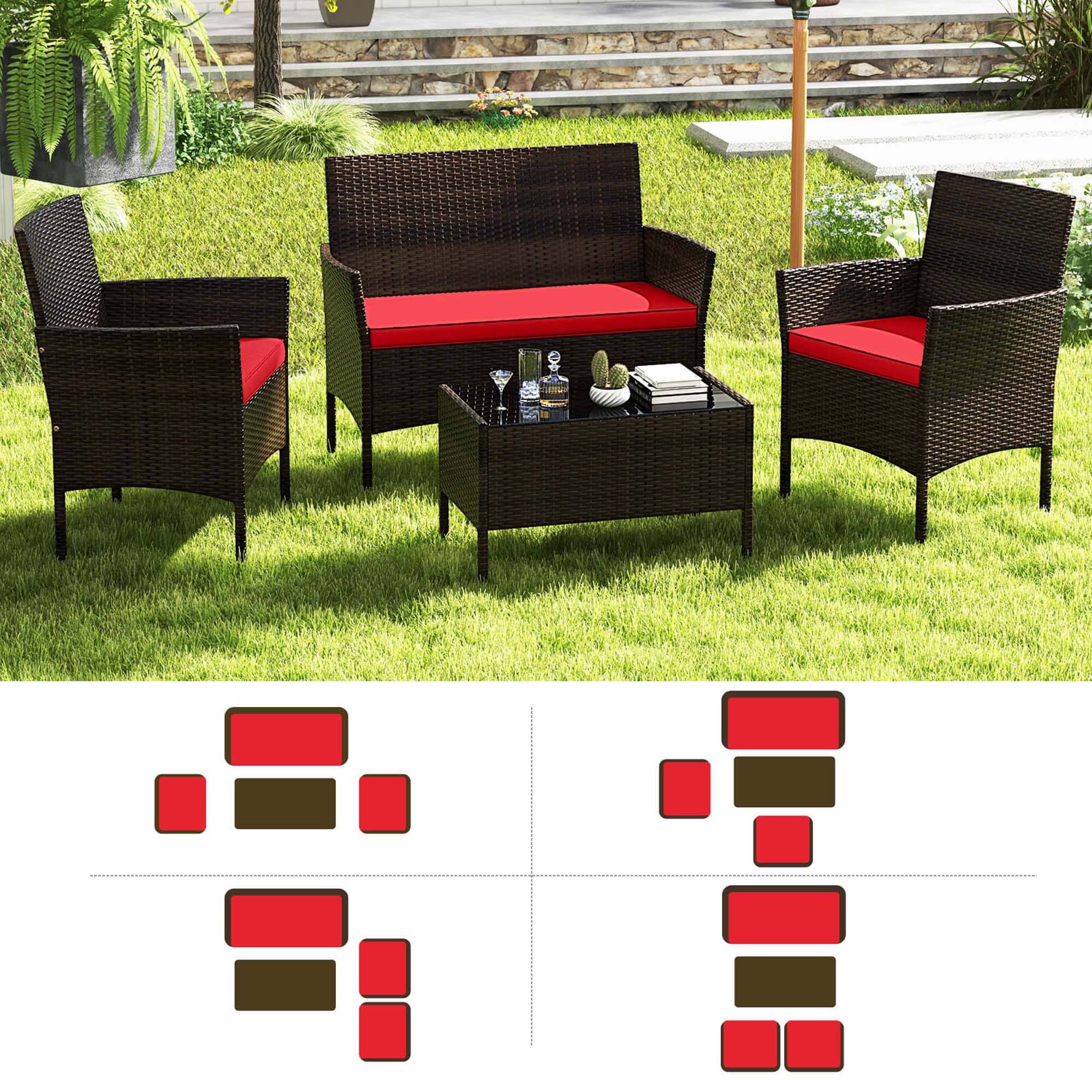 Alt View 8. Costway - 4 PCS Patio Furniture Set with Washable Cushions and Tempered Glass Coffee Table - Mix Brown,Red.