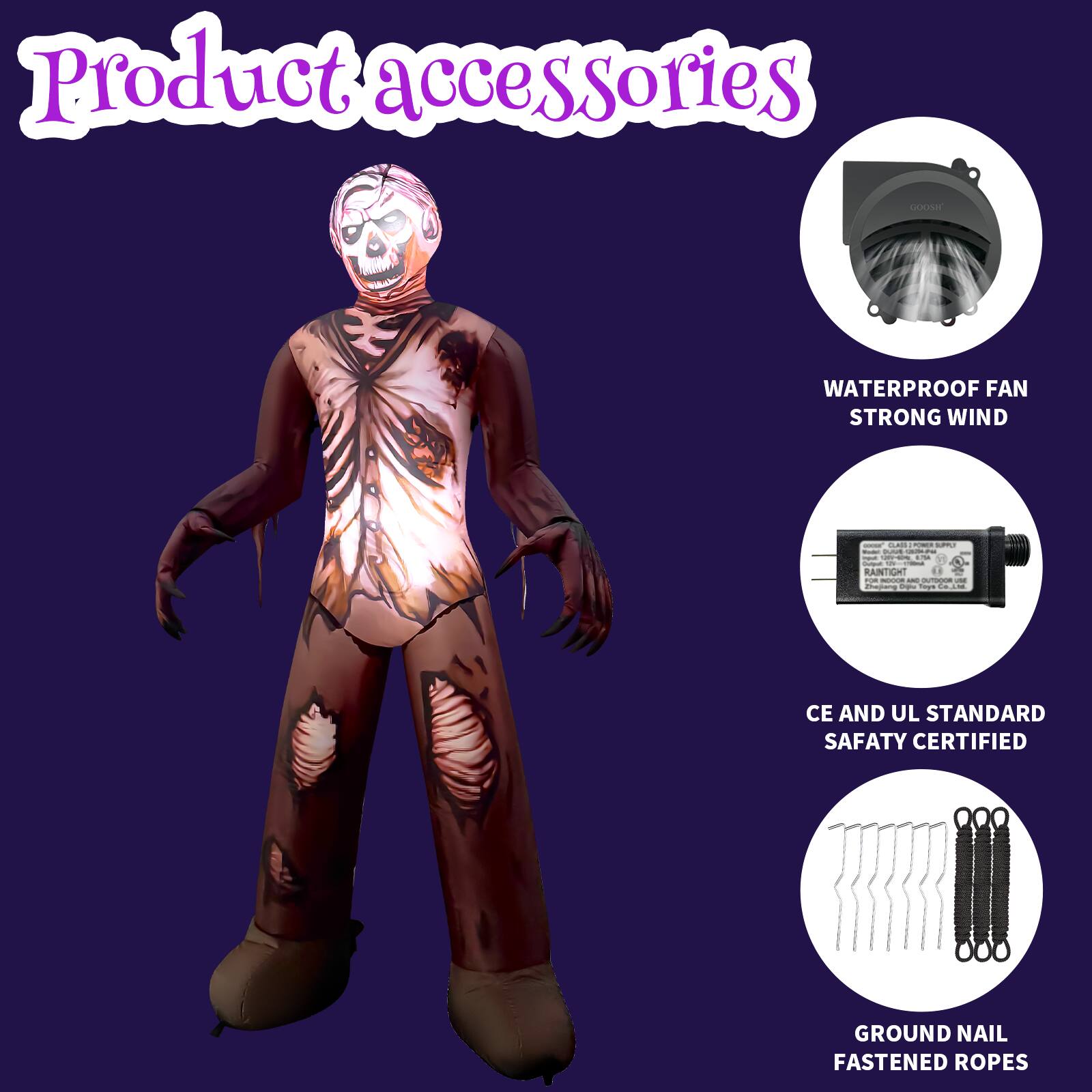 Product accessories

- WATERPROOF FAN STRONG WIND
- CE AND UL STANDARD SAFETY CERTIFIED
- GROUND NAIL FASTENED ROPES