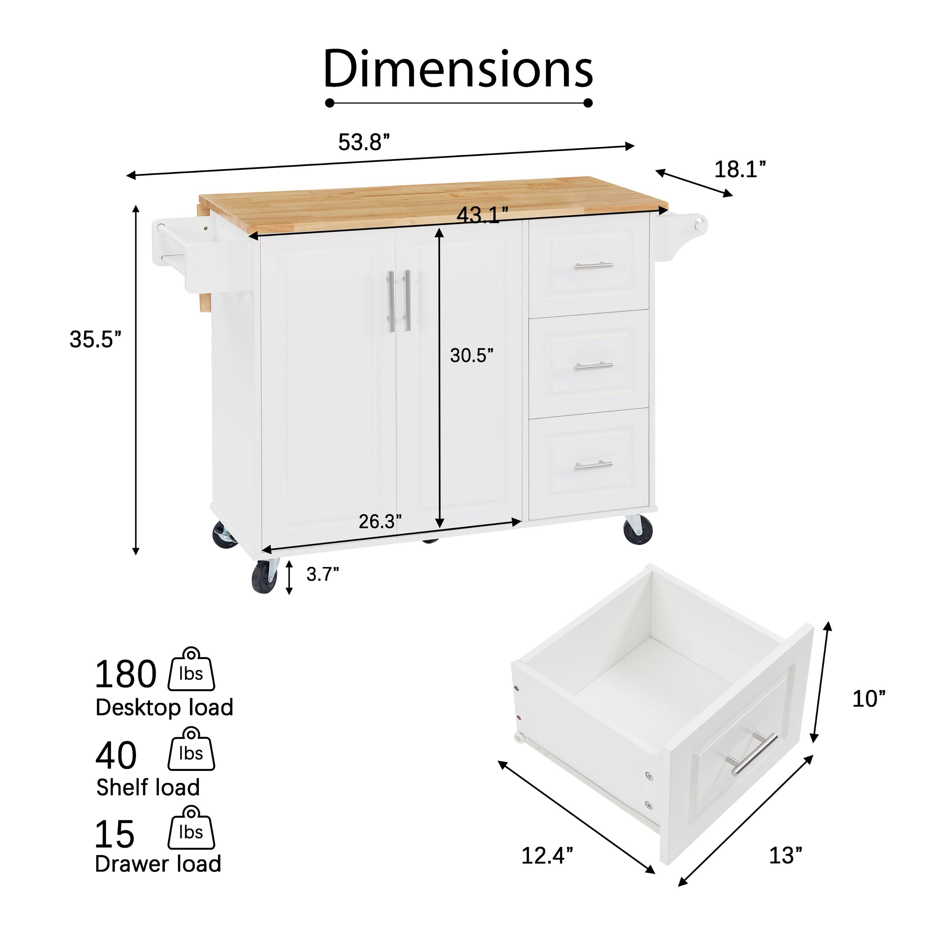 Dimensions  
53.8" x 18.1" x 43.1" x 35.5" x 30.5" x 26.3" x 3.7"  

Desktop load: 180 lbs  
Shelf load: 40 lbs  
Drawer load: 15 lbs  

Drawer dimensions: 12.4" x 13" x 10"