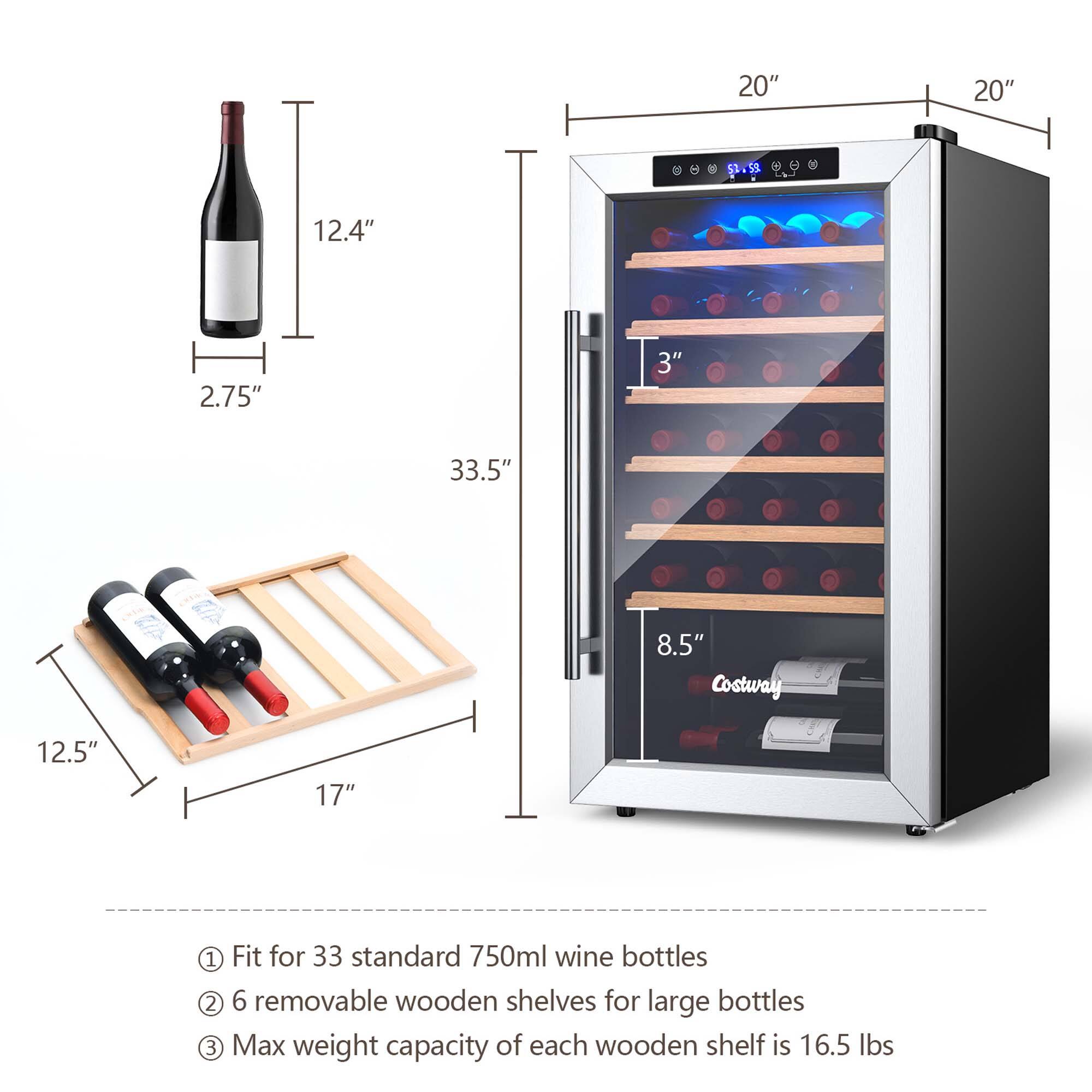 - Dimensions: 20" x 20" x 33.5"
- Bottle Size: 12.4" x 2.75"
- Shelf Size: 12.5" x 17"
- Features:
  1. Fits 33 standard 750ml wine bottles
  2. 6 removable wooden shelves for large bottles
  3. Max weight capacity of each wooden shelf is 16.5 lbs