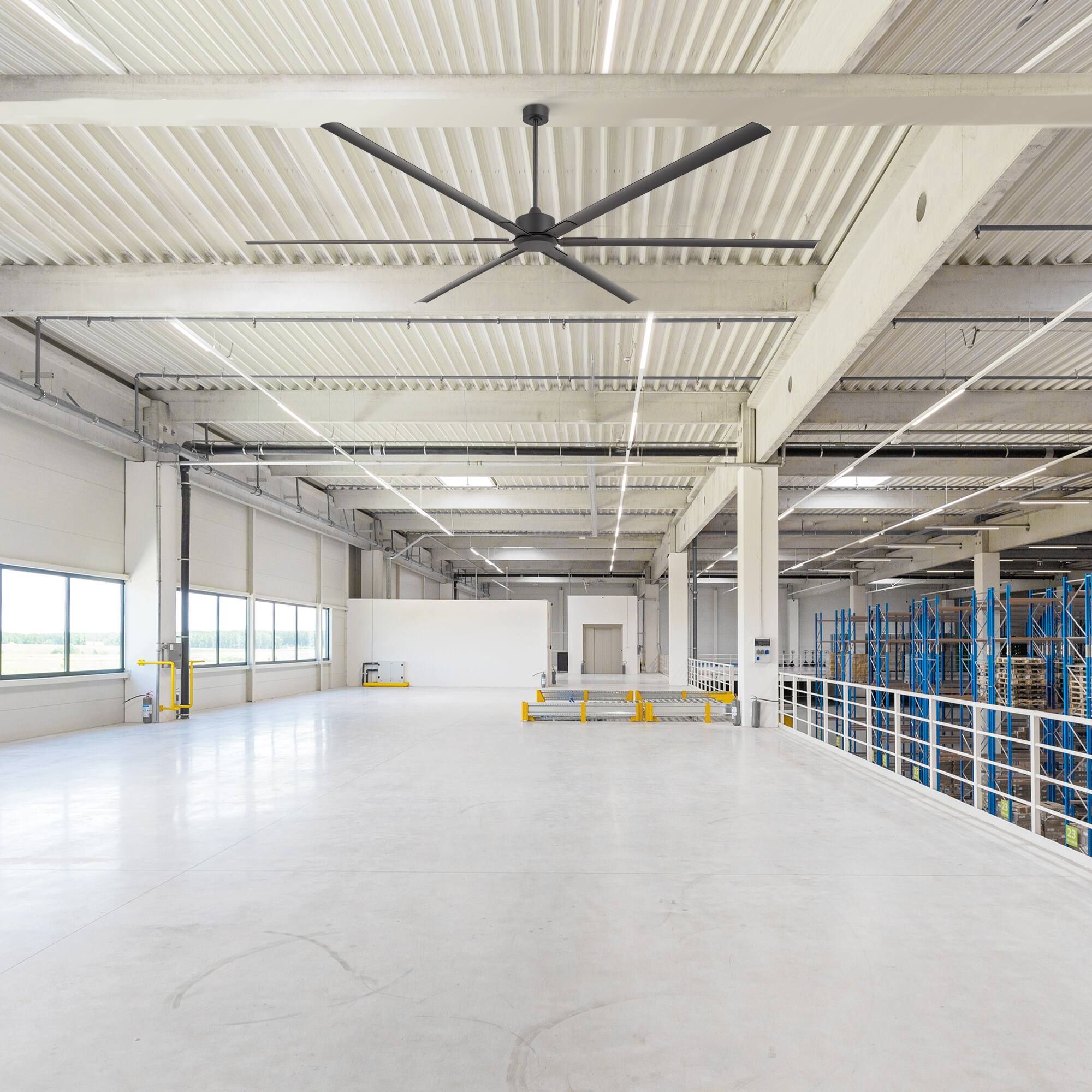 Alt View 1. Breezary - 120/144 Inch HVLS Industrial Ceiling Fan, DC Motor, 6 Aluminum Blades, Downrod Mount, High Airflow, Commercial Grade - 120-in Black.