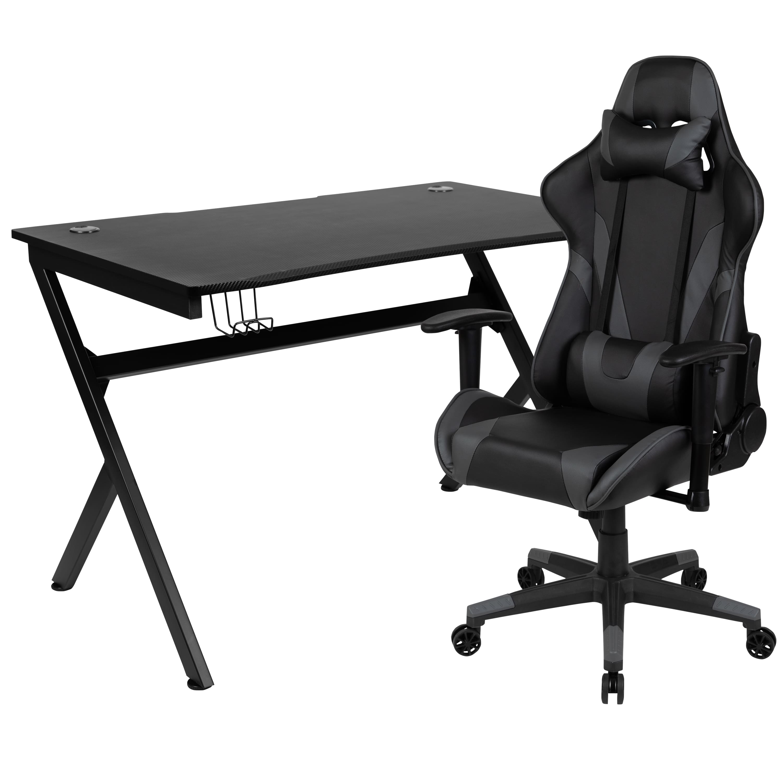 Emma + Oliver - Gaming Bundle-Desk, Cup Holder/Headphone Hook & Reclining Chair - Gray