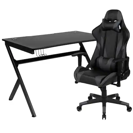 Front. Emma + Oliver - Gaming Bundle-Desk, Cup Holder/Headphone Hook & Reclining Chair - Gray.