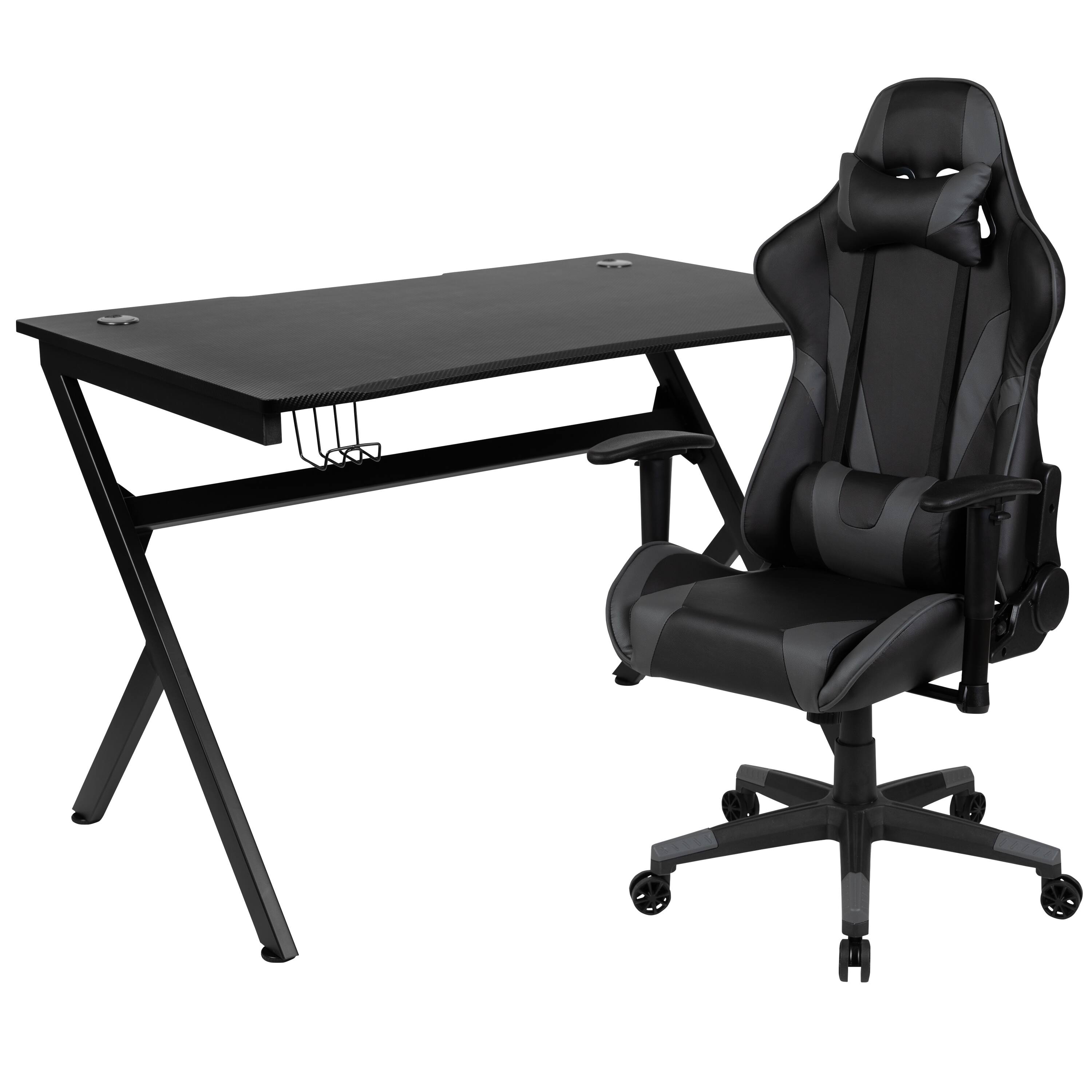 Front. Emma + Oliver - Gaming Bundle-Desk, Cup Holder/Headphone Hook & Reclining Chair - Gray.