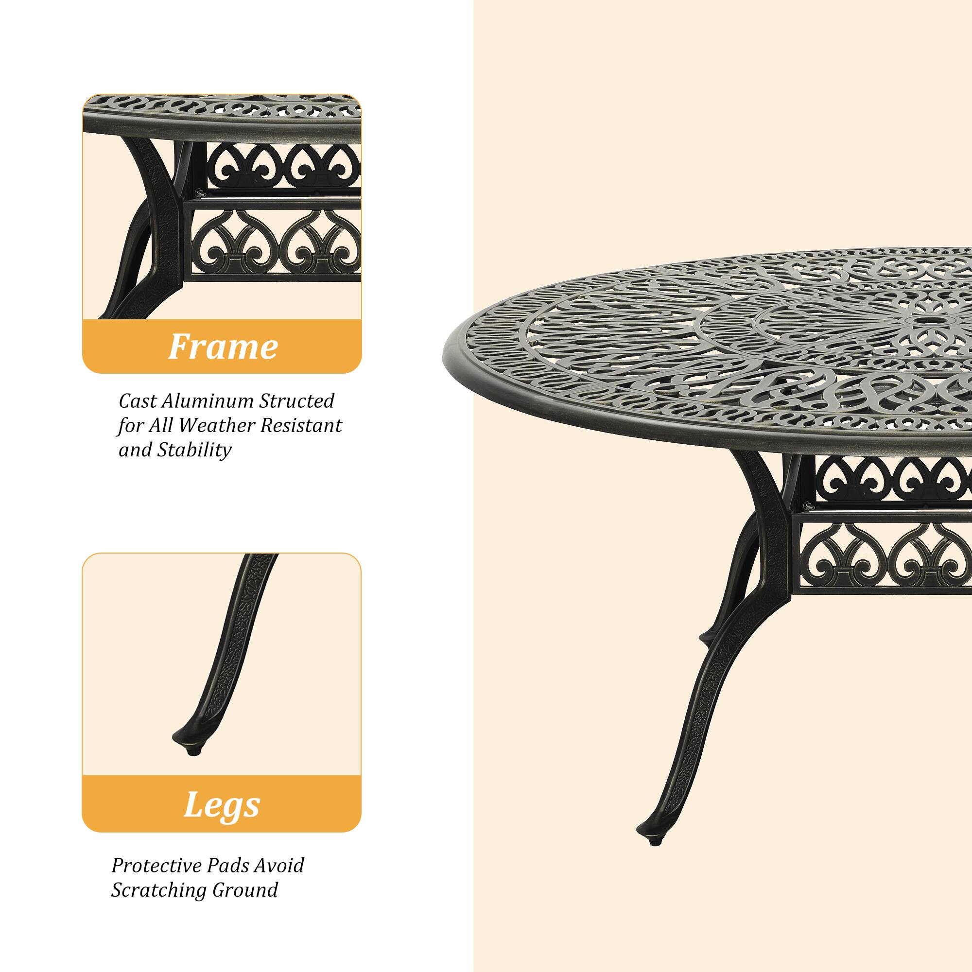 Frame  
Cast Aluminum Structured for All Weather Resistant and Stability  

Legs  
Protective Pads Avoid Scratching Ground