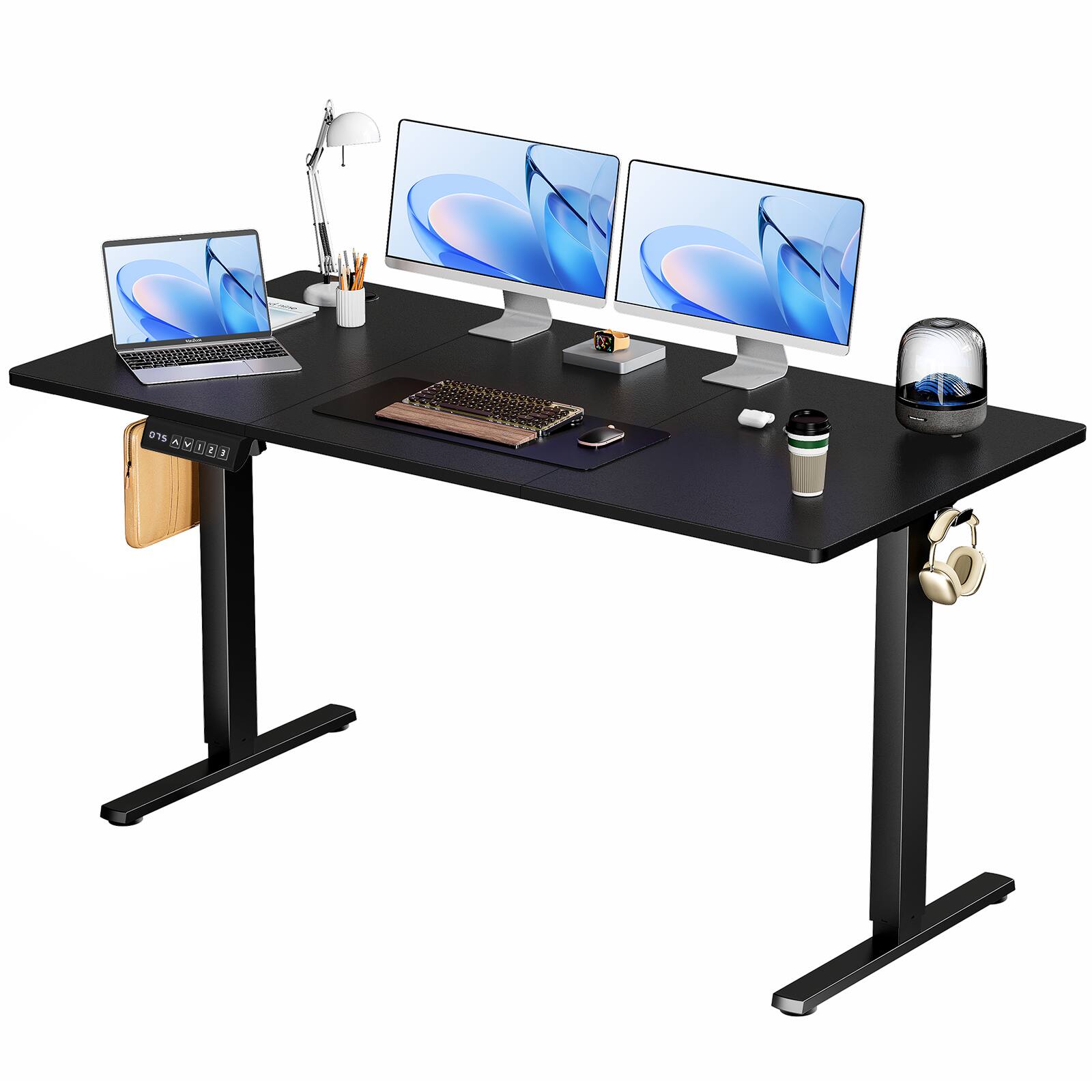 Bestier - Electric Adjustable Standing Computer Office Desk with Splice Board, 2 Hooks, and Wire Hole for Work - Black