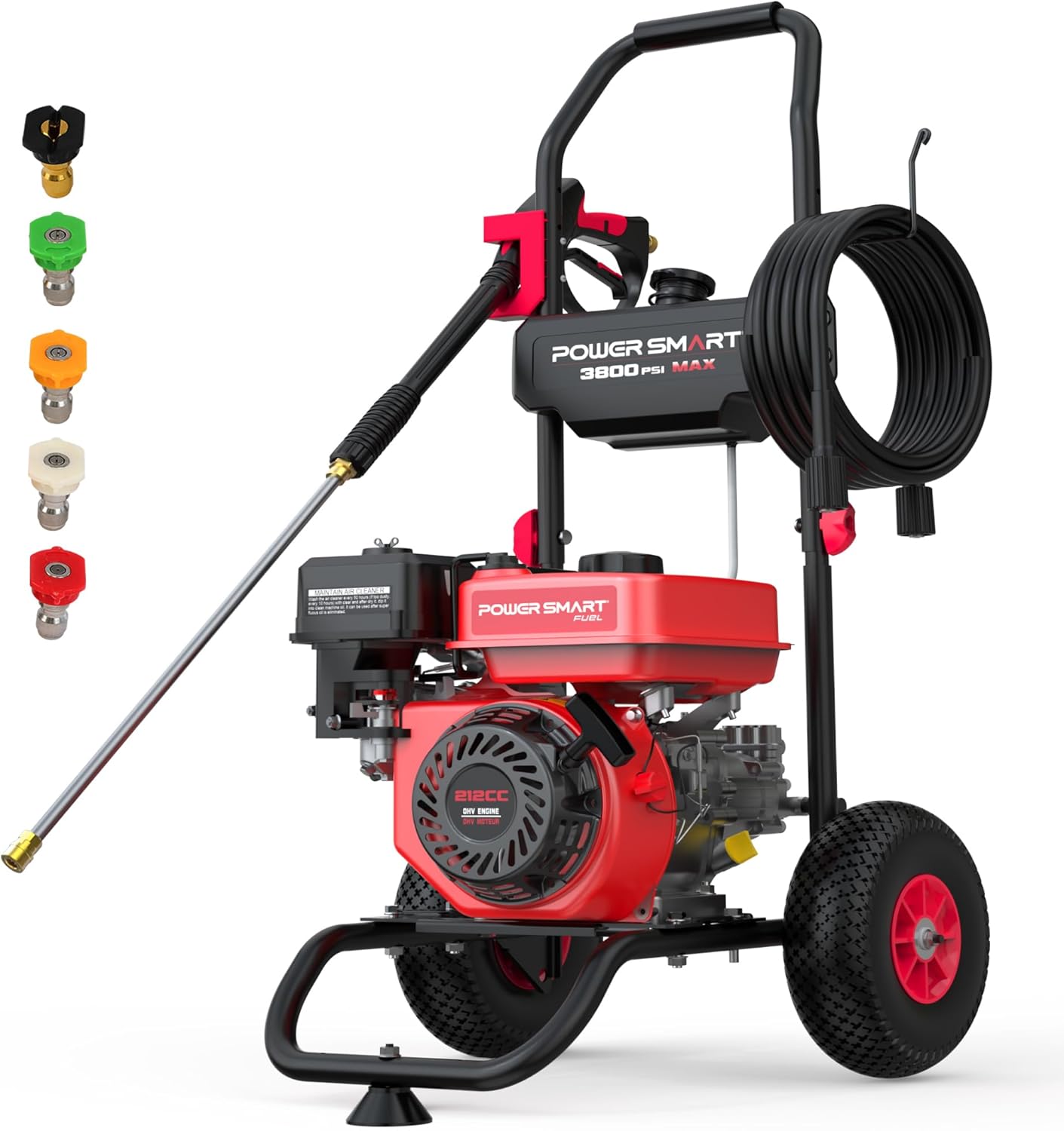 POWERSMART - 3400PSI Gas Pressure Washer,MAX 2.5 GPM,212cc Engine,for Cleaning Walls,Terraces,Vehicles,Gardens - Red