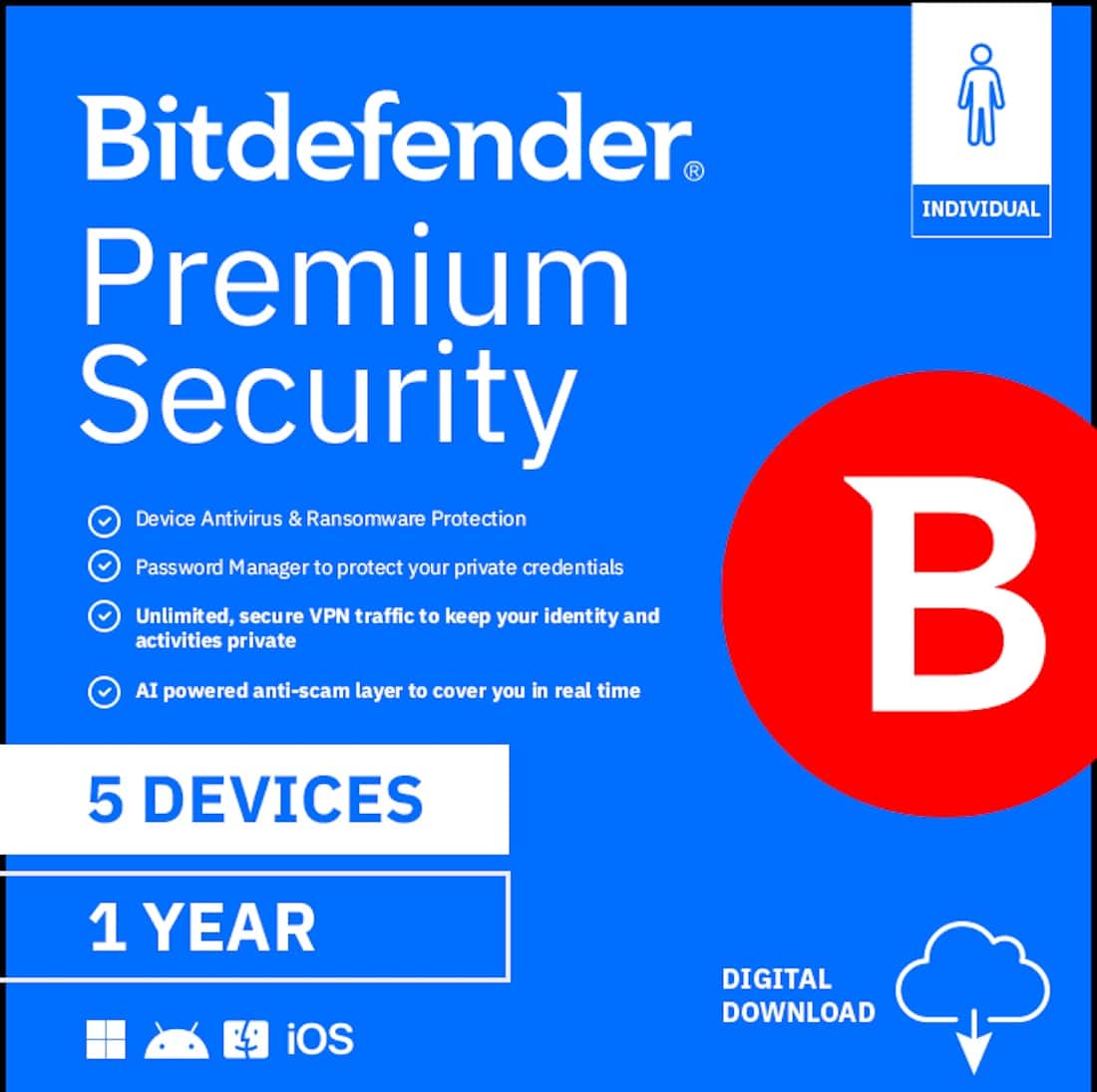 Bitdefender - Premium Security Individual 5 device 1 Year - Windows, Apple iOS, Mac OS, Android, Linux [Digital] - Front_Zoom