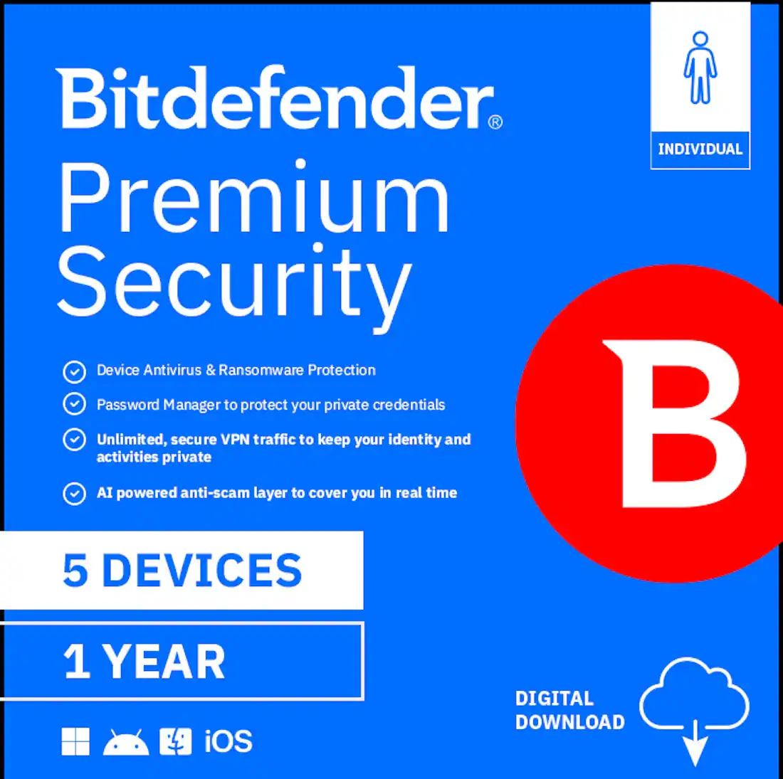 Bitdefender Premium Security
- Device Antivirus & Ransomware Protection
- Password Manager to protect your private credentials
- Unlimited, secure VPN traffic to keep your identity and activities private
- AI powered anti-scam layer to cover you in real time
5 DEVICES
1 YEAR
DIGITAL DOWNLOAD
INDIVIDUAL
Windows, Android, iOS