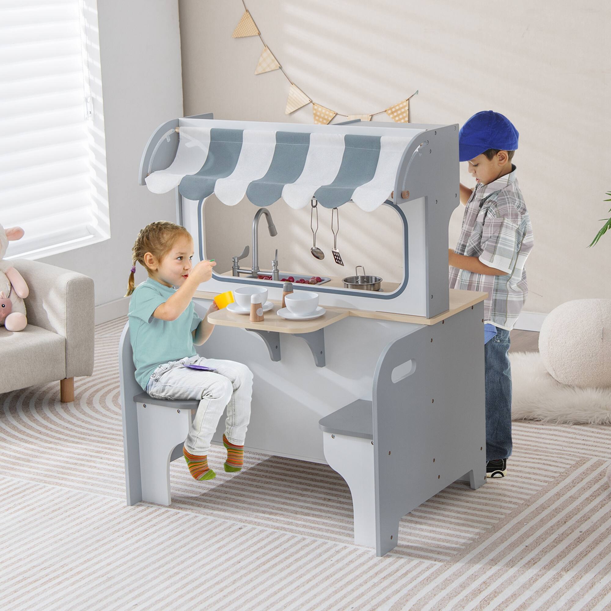 Alt View 1. Costway - Costway 2 in 1 Kids Play Kitchen& Restaurant Double Sided Wooden Kitchen Playset Toddler - Grey.
