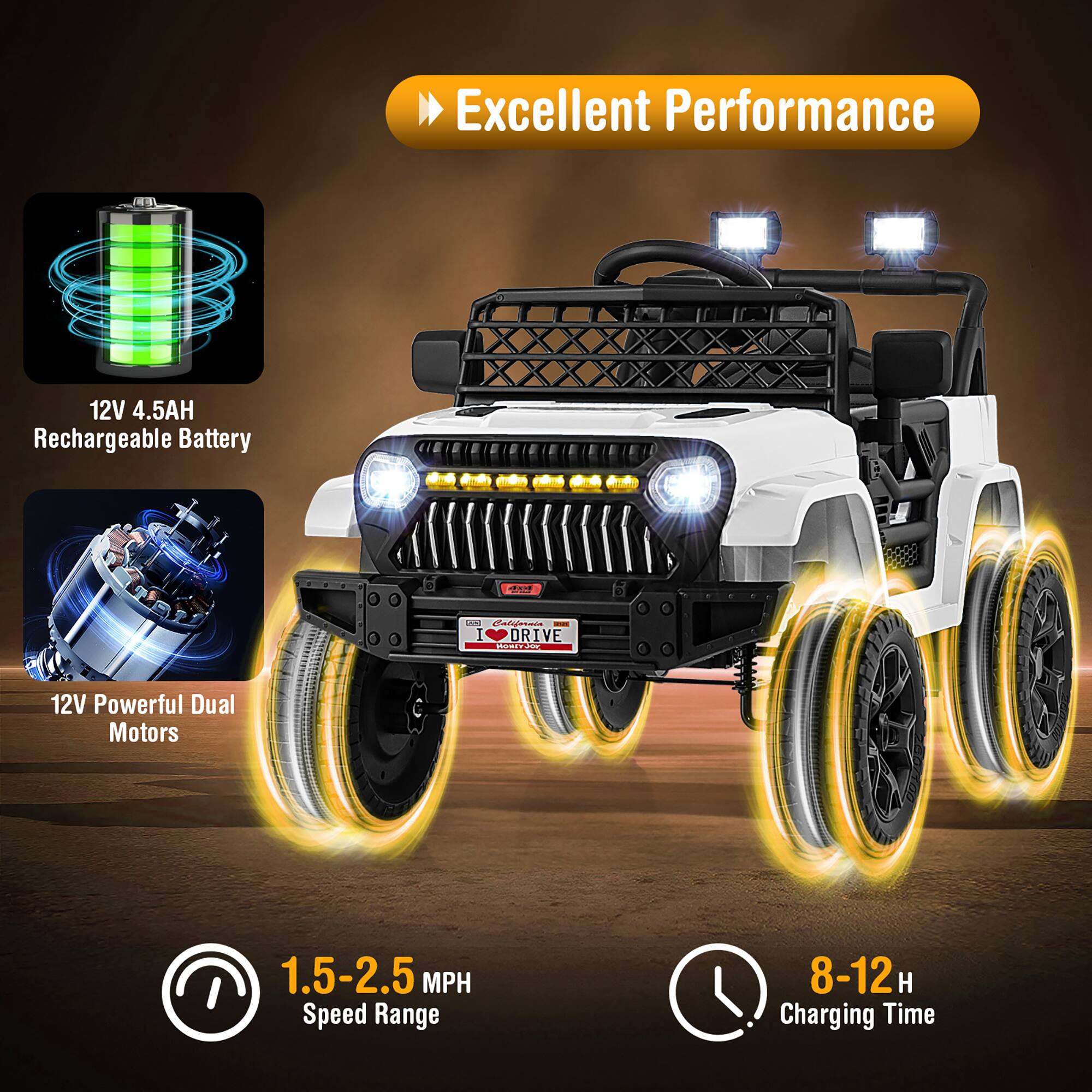 Excellent Performance

12V 4.5AH Rechargeable Battery

12V Powerful Dual Motors

1.5-2.5 MPH Speed Range

8-12 H Charging Time