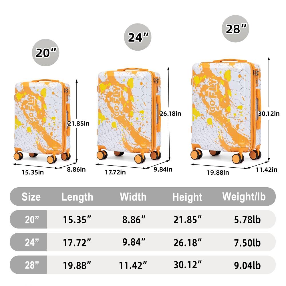20" 21.85in  
GO.FLY  
24" 26.18in  
OFL GO  
28" 30.12in  
15.35in  
8.86in  
17.72in  
9.84in  
19.88in  
11.42in  
Size  
Length  
Width  
Height  
Weight/lb  
20"  
15.35"  
8.86"  
21.85"  
5.78lb  
24"  
17.72"  
9.84"  
26.18"  
7.50lb  
28"  
19.88"  
11.42"  
30.12"  
9.04lb