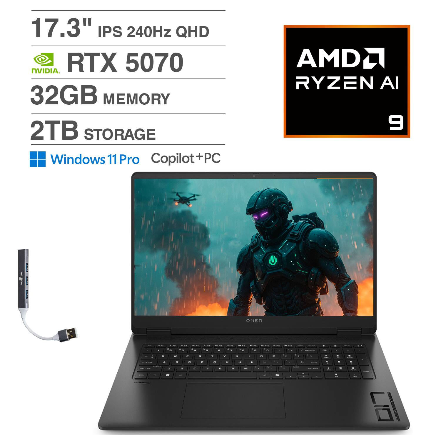 HP - OMEN Laptop 17.3 QHD (AMD Ryzen AI 9 365, 32GB DDR5, 2TB PCIe SSD, GeForce RTX 5070, Win 11 Pro) w/USB Hub