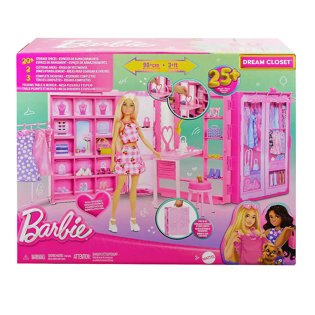**Barbie Dream Closet**

- **Storage Spaces:** 20+ Espacios de Almacenamiento / 20+ Spaces of Storage
- **Clothing Areas:** 2 Zonas de Ropa / 2 Clothing Areas (90+ cm / 3+ ft)
- **Complete Fashions:** 3 Túneles Completos / 3 Complete Fashions
- **Folding Table & Mirror:** Mesa Plegable y Espejo / Folding Table & Mirror
- **25+ Dolls Included:** 25+ Muñecas Incluidas / 25+ Dolls Included

**Features:**
- 90+ cm / 3+ ft
- 25+ accessories included

**Warning:**
- Choking Hazard - Small parts. Not for children under 3 years.
- Danger d'étouffement - Petits morceaux. Ne convient pas aux enfants de moins de 3 ans.

**Age:** 3+ years

**Brand:** Mattel