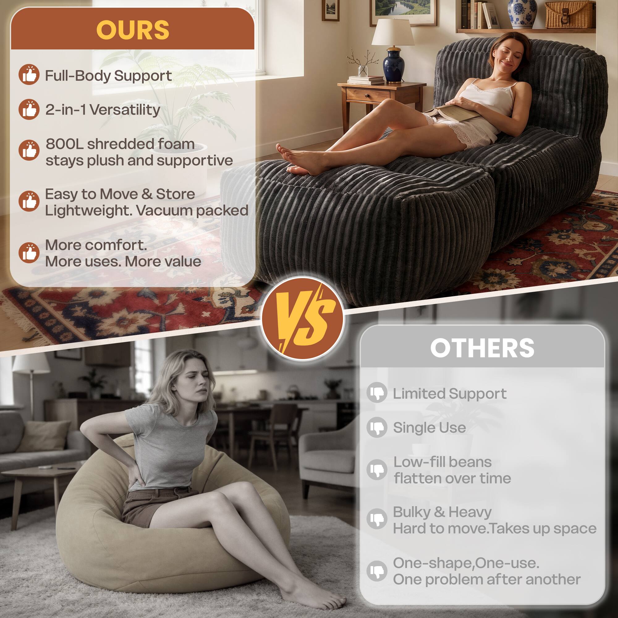 OURS

- Full-Body Support
- 2-in-1 Versatility
- 800L shredded foam stays plush and supportive
- Easy to Move & Store Lightweight. Vacuum packed
- More comfort. More uses. More value

VS

OTHERS

- Limited Support
- Single Use
- Low-fill beans flatten over time
- Bulky & Heavy Hard to move. Takes up space
- One-shape, One-use. One problem after another