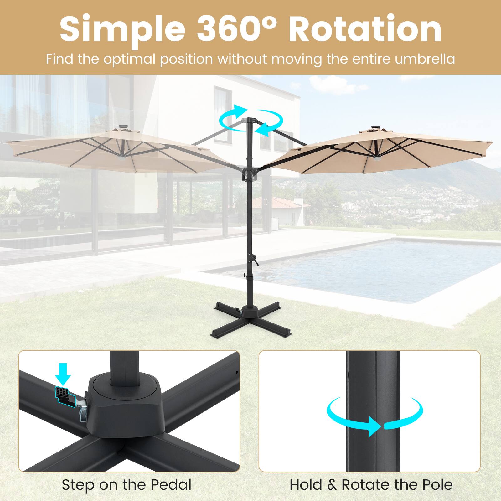 Simple 360° Rotation  
Find the optimal position without moving the entire umbrella  

Step on the Pedal  
Hold & Rotate the Pole