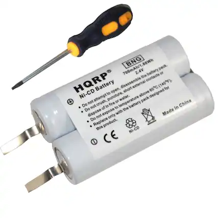 BNG 68Wh 700mAh/1 pack. 2.4V battery or the contacts HQRP Ni-CD Battery to open, disassemble short external above designed 60C 60 (140F). for + attempt puncture, or temperature water. pack not crush, fire battery China Do not in to in Do of the dispose not expose with Made Do only Replace product. this NI-CD I CE
Corrected text:
BNG 68Wh 700mAh/1 pack. 2.4V battery. HQRP Ni-CD Battery. Do not attempt to open, disassemble, puncture, crush, or expose to fire or water. Do not dispose of in temperature above 60°C (140°F). Do not dispose with the battery pack designed for this product. Replace only with the same product. Made in China. CE. Ni-CD.
