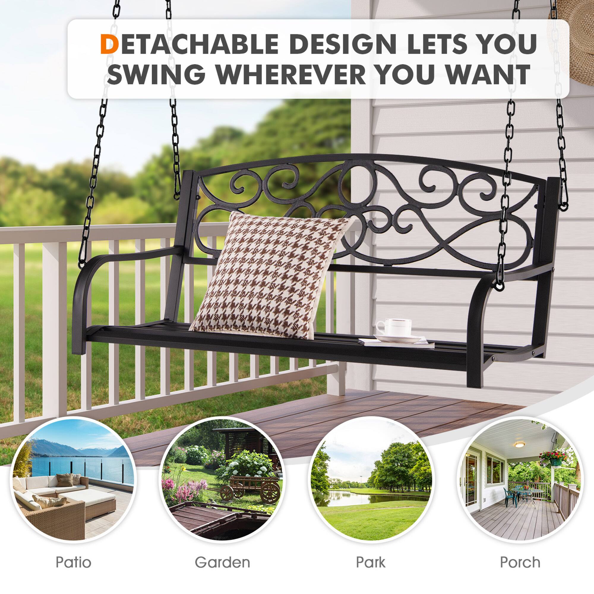 Alt View 5. Gymax - Gymax Patio Hanging Porch Swing Outdoor 2-Person Metal Swing Bench Chair w/ Chains Brown - Brown.