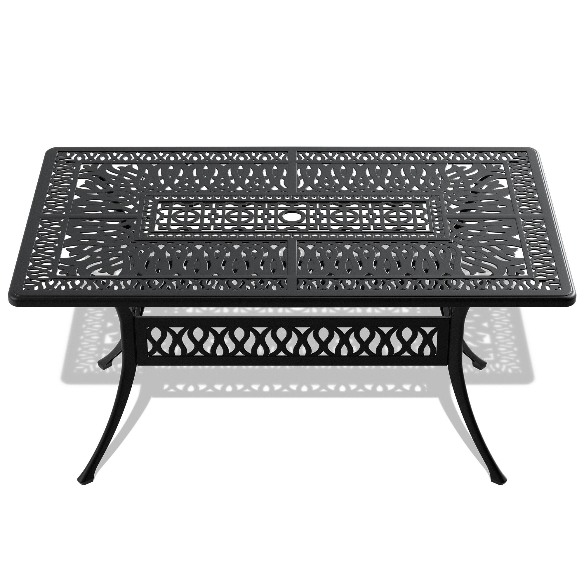 Angle. APRILSOUL - 5827l X 3465w Inch Cast Aluminum Patio Dining Table Black Frame Umbrella Hole - Black.