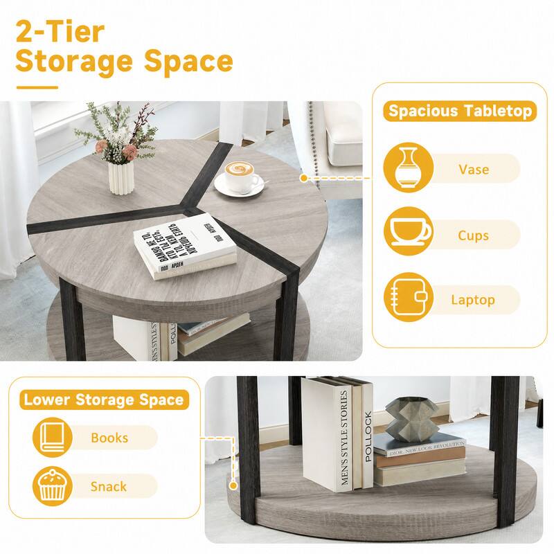 2-Tier Storage Space

Spacious Tabletop
- Vase
- Cups
- Laptop

Lower Storage Space
- Books
- Snack