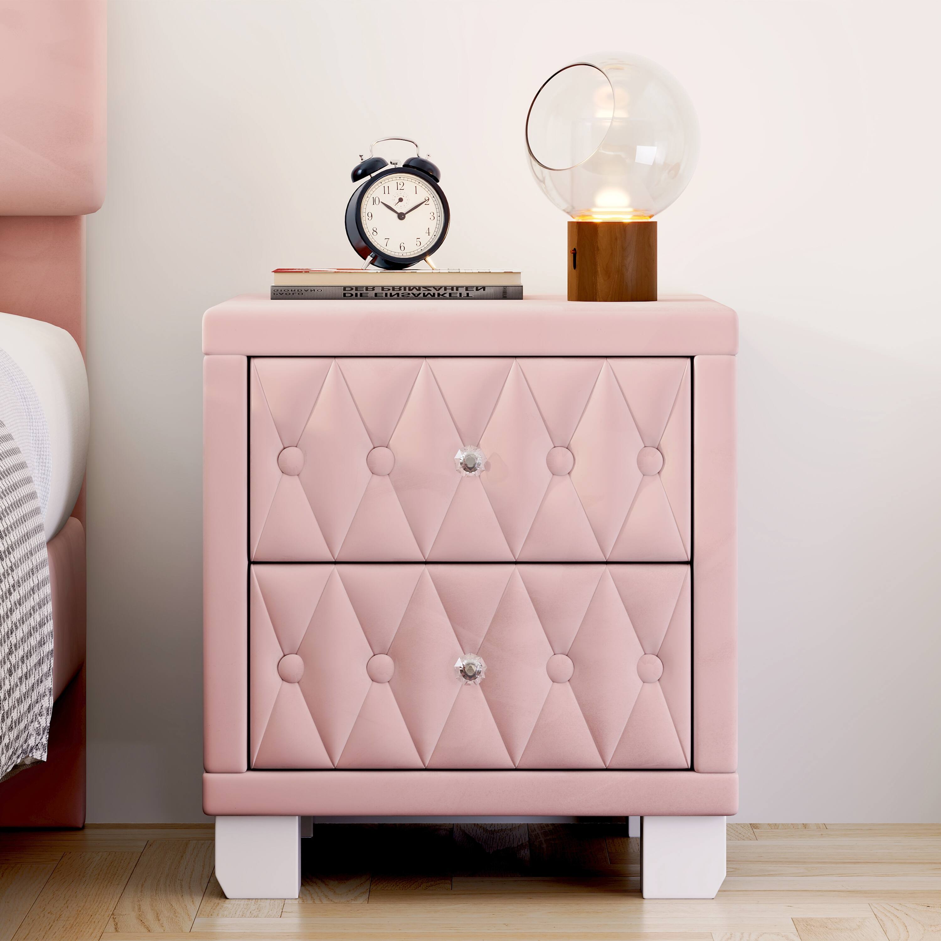Bestier - Elegant Velvet Nightstand with 2 Drawers and Crystal Handle, Storage Bedside Table with Button-Tufted - Pink