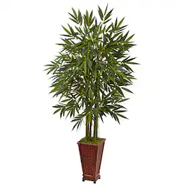 BreeBe - 5.5' Bamboo Tree in Decorative Wood Planter - Green