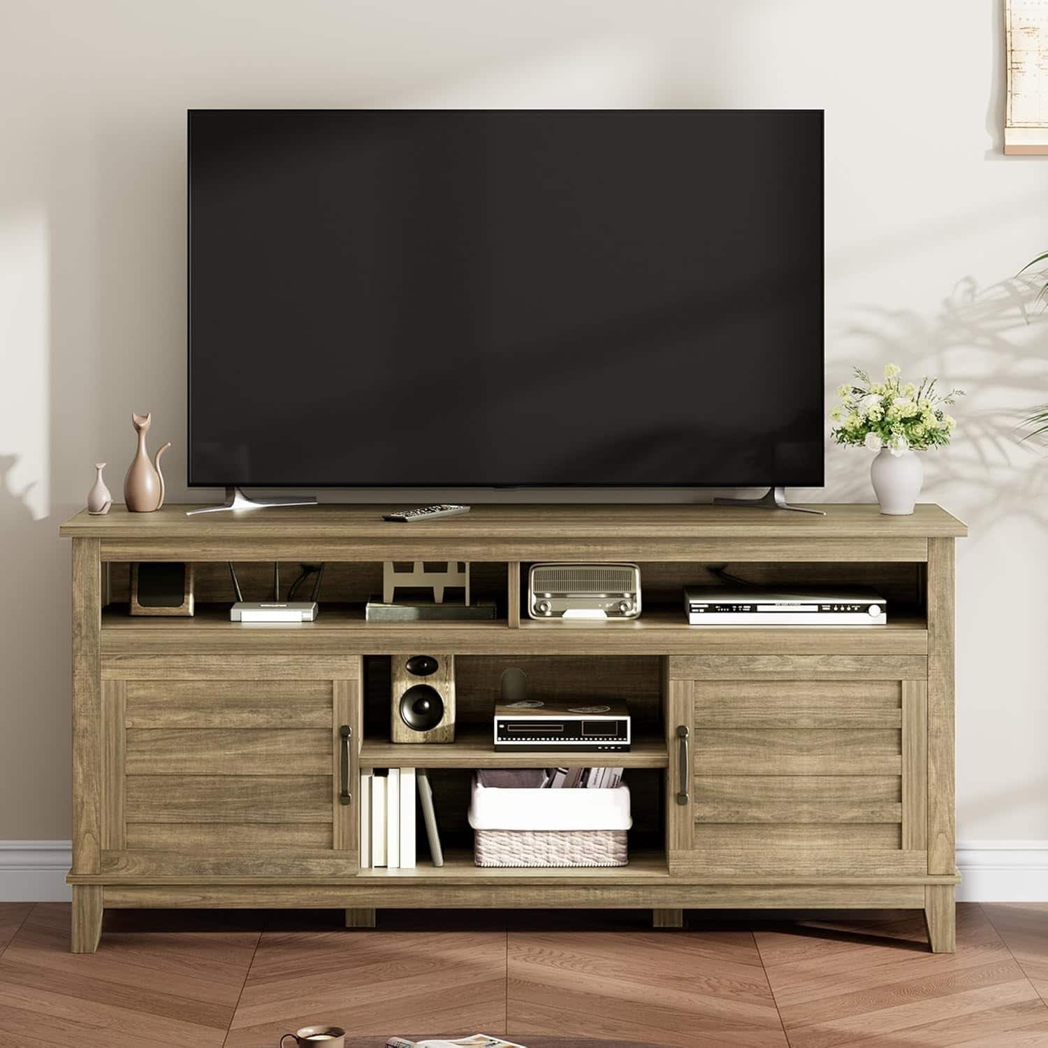 Homhougo - Farmhouse TV Stand for 63-Inch TV, Entertainment Center with Adjustable Shelves & Doors - Natural