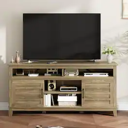 Homhougo - Farmhouse TV Stand for 63-Inch TV, Entertainment Center with Adjustable Shelves & Doors - Natural