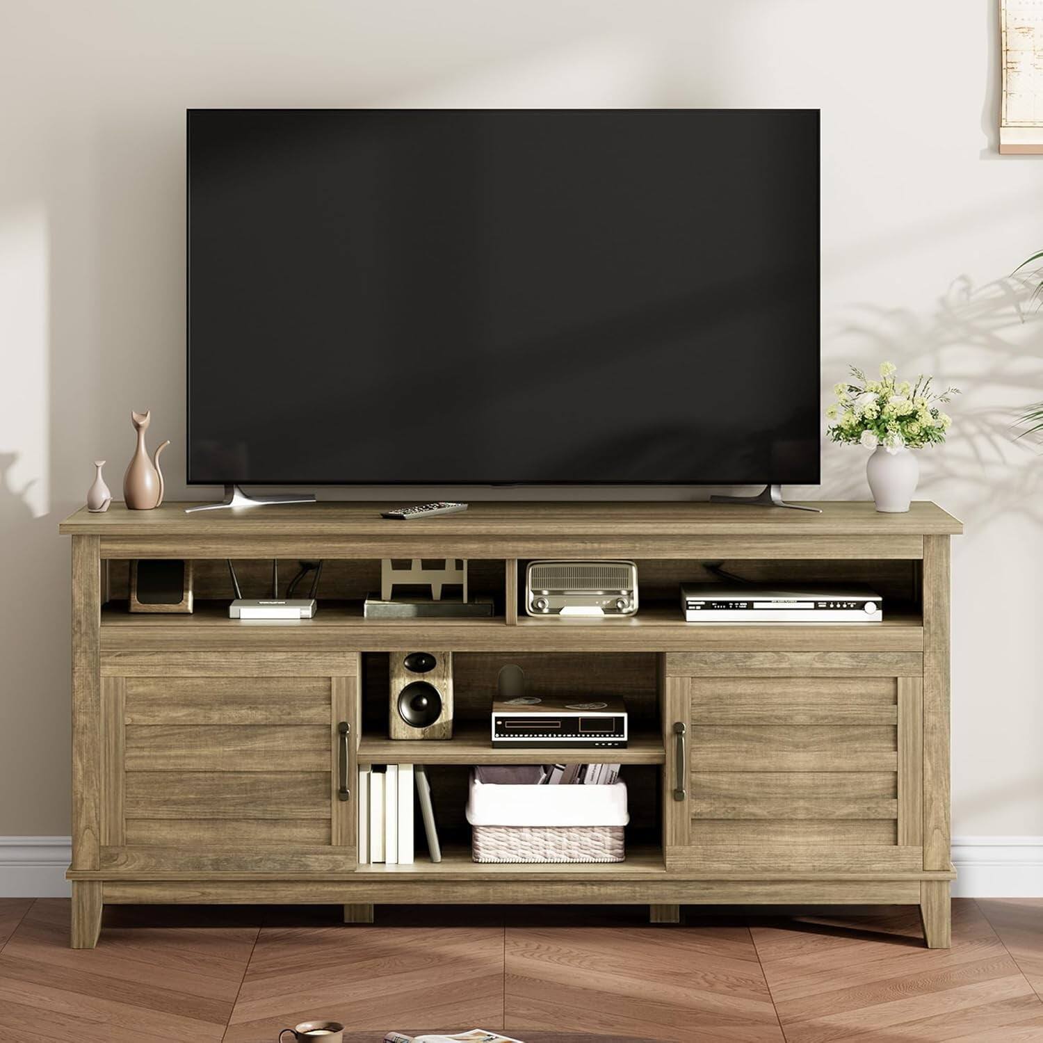 Front. Homhougo - Farmhouse TV Stand for 63-Inch TV, Entertainment Center with Adjustable Shelves & Doors - Natural.