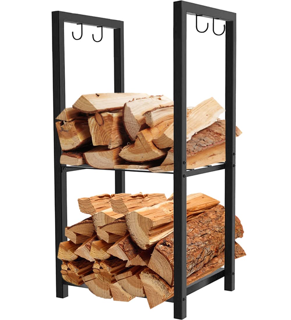 JETRANSPORT - 2 Tiers Small Firewood Log Storage Rack Holder For Indoor Fireplace Or Outdoor Patio Black - Black - Classic