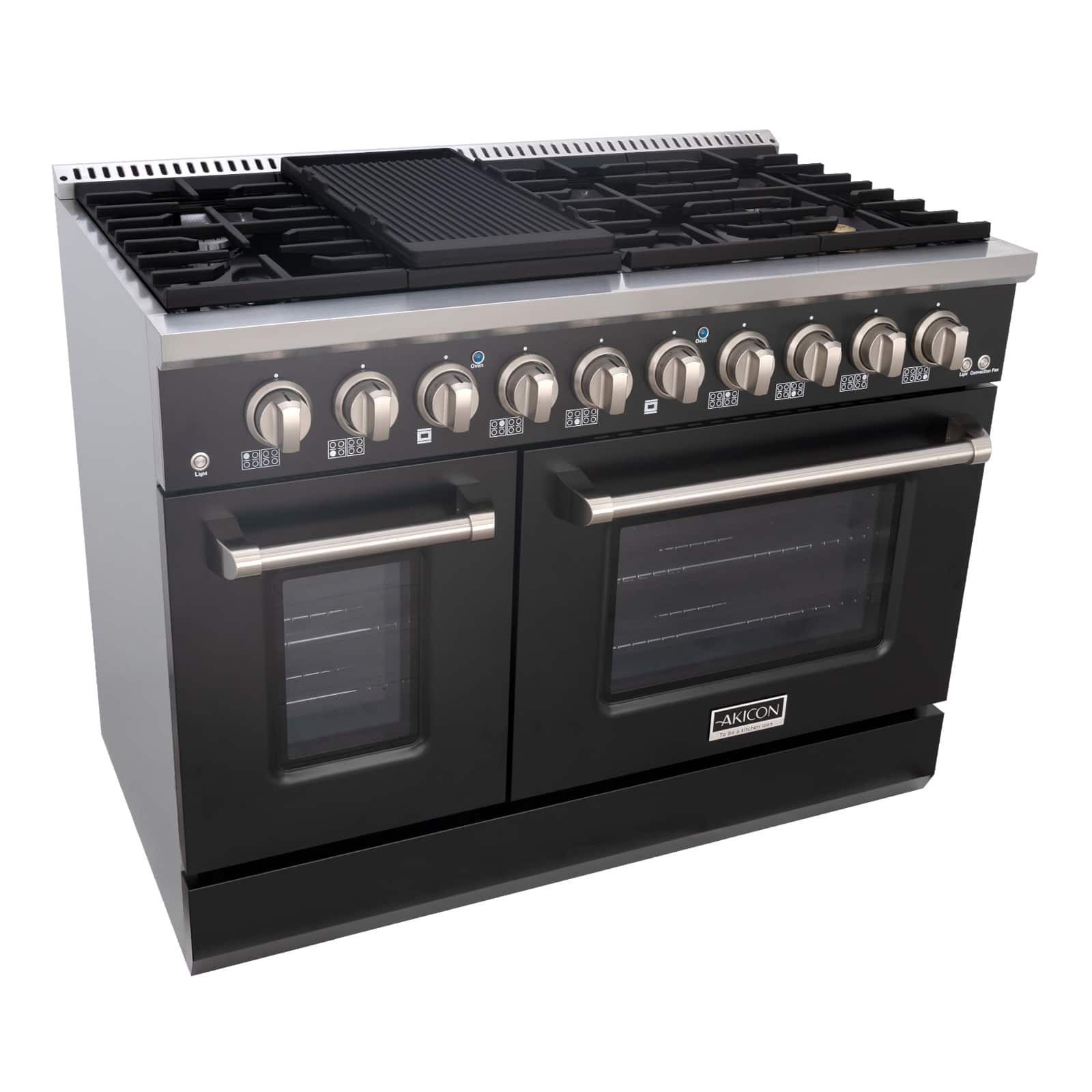 Akicon - 6.7 Cu.ft Slide-in Freestanding Gas Convection Range with 6 Burners and Cast Iron Grates in Black&Stainless Steel - Black&Stainless Steel