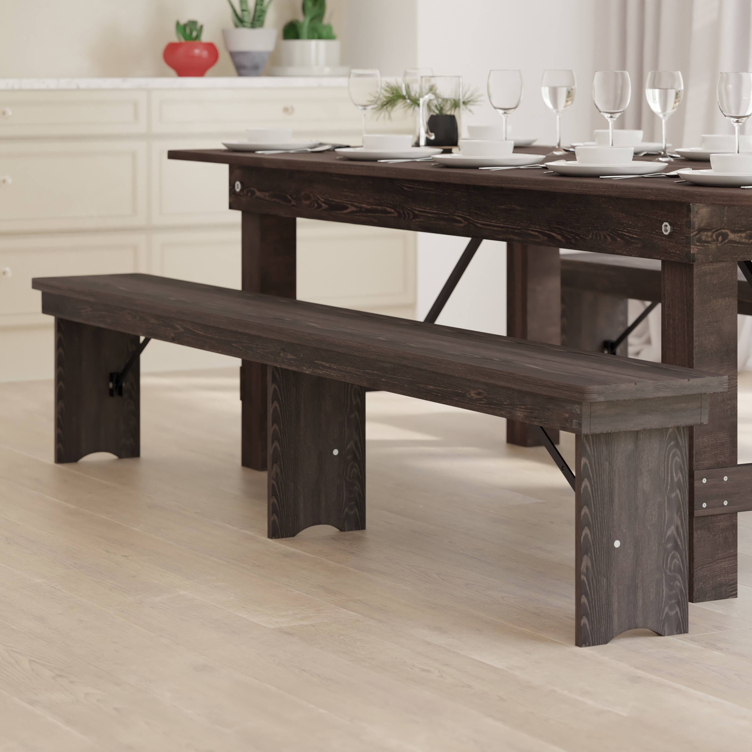 Alt View 1. Emma + Oliver - 8' x 12" Antique Rustic Solid Pine Folding Farm Bench - Portable Bench - Mahogany.