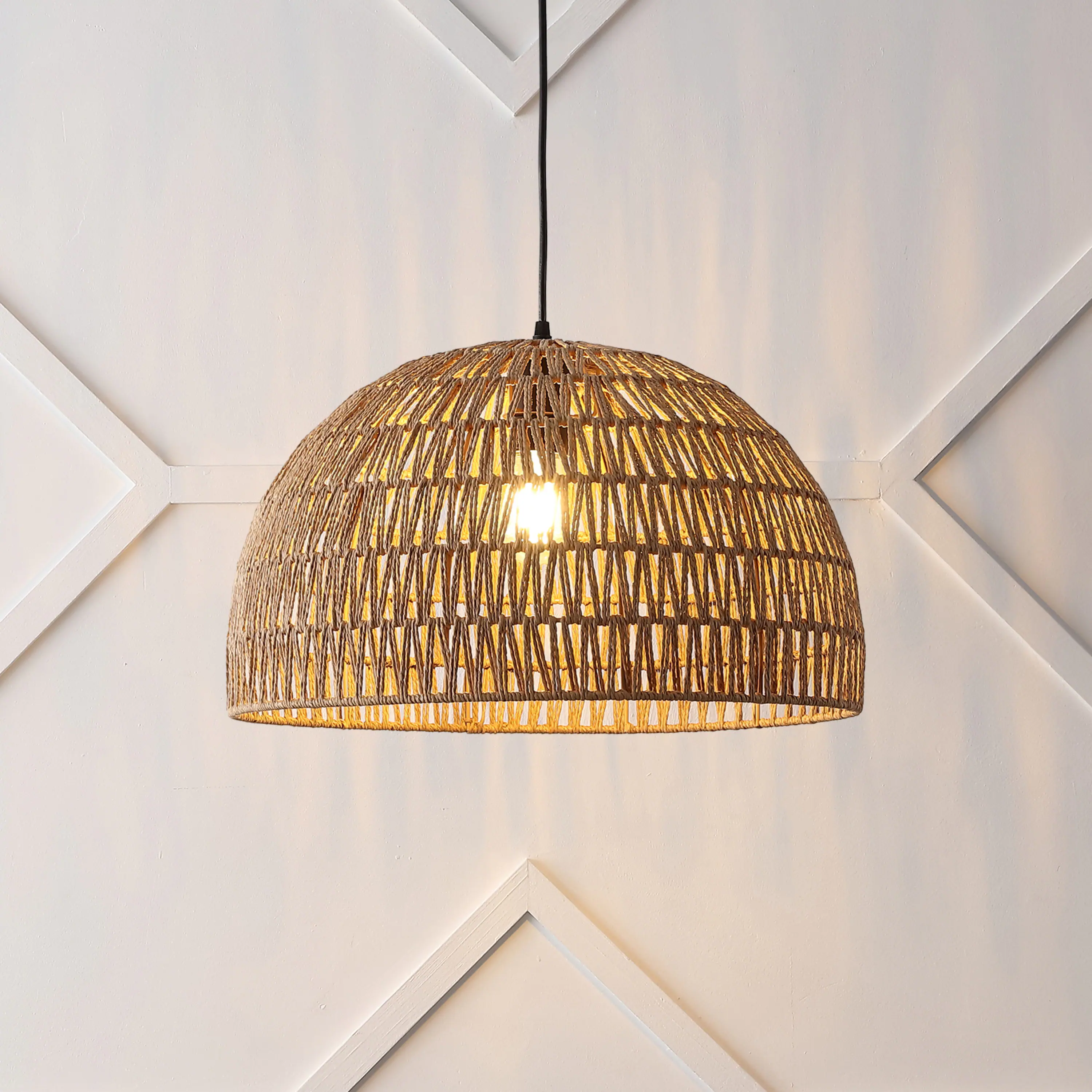 Alt View 1. Jonathan Y - Campana 20" 1-Light Bohemian Modern Woven Rope/Iron LED Pendant, Brown - Brown.
